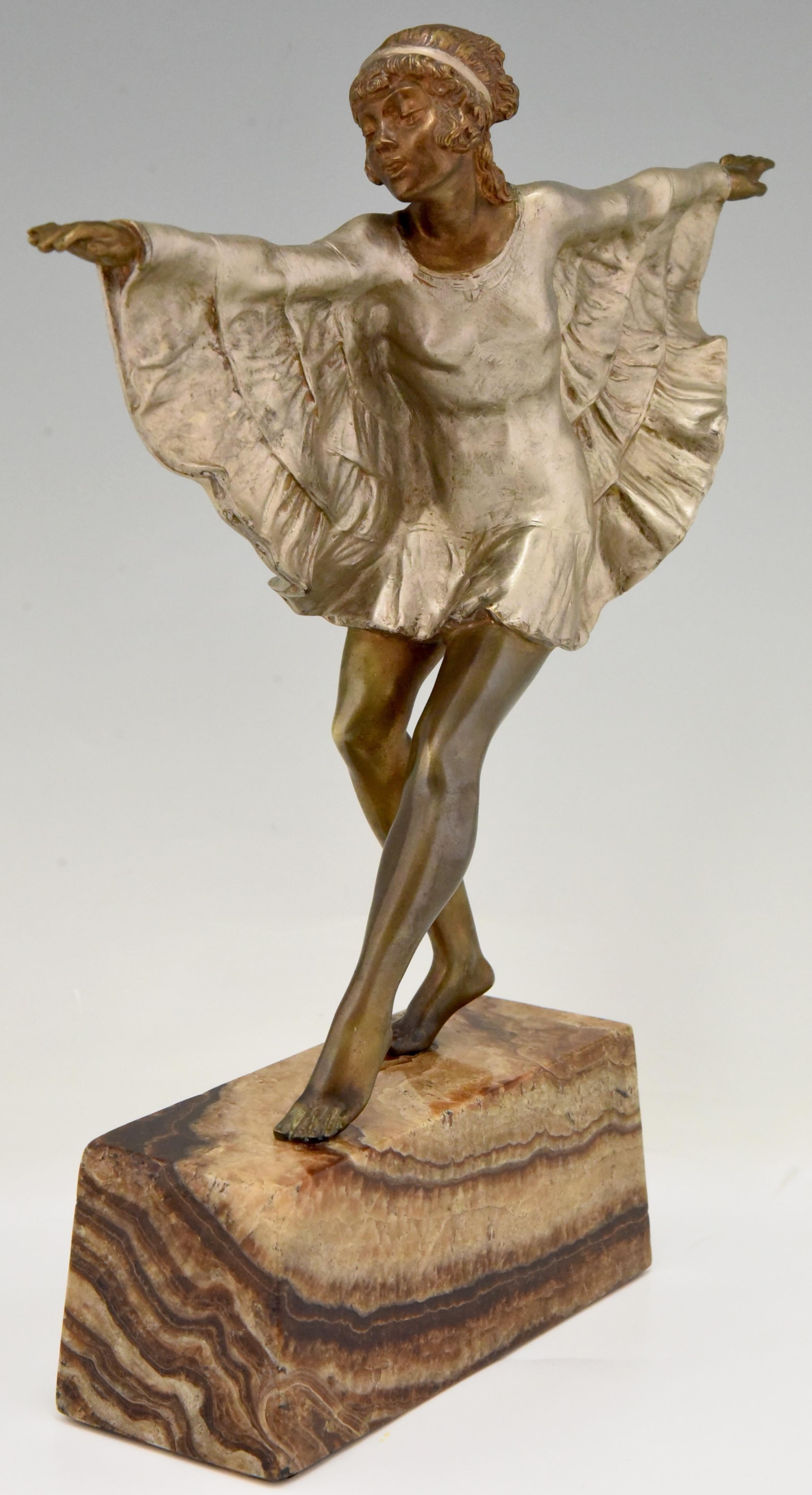 French Art Deco Bronze Sculpture Dancer with Butterfly Dress Marcel Andre Bouraine