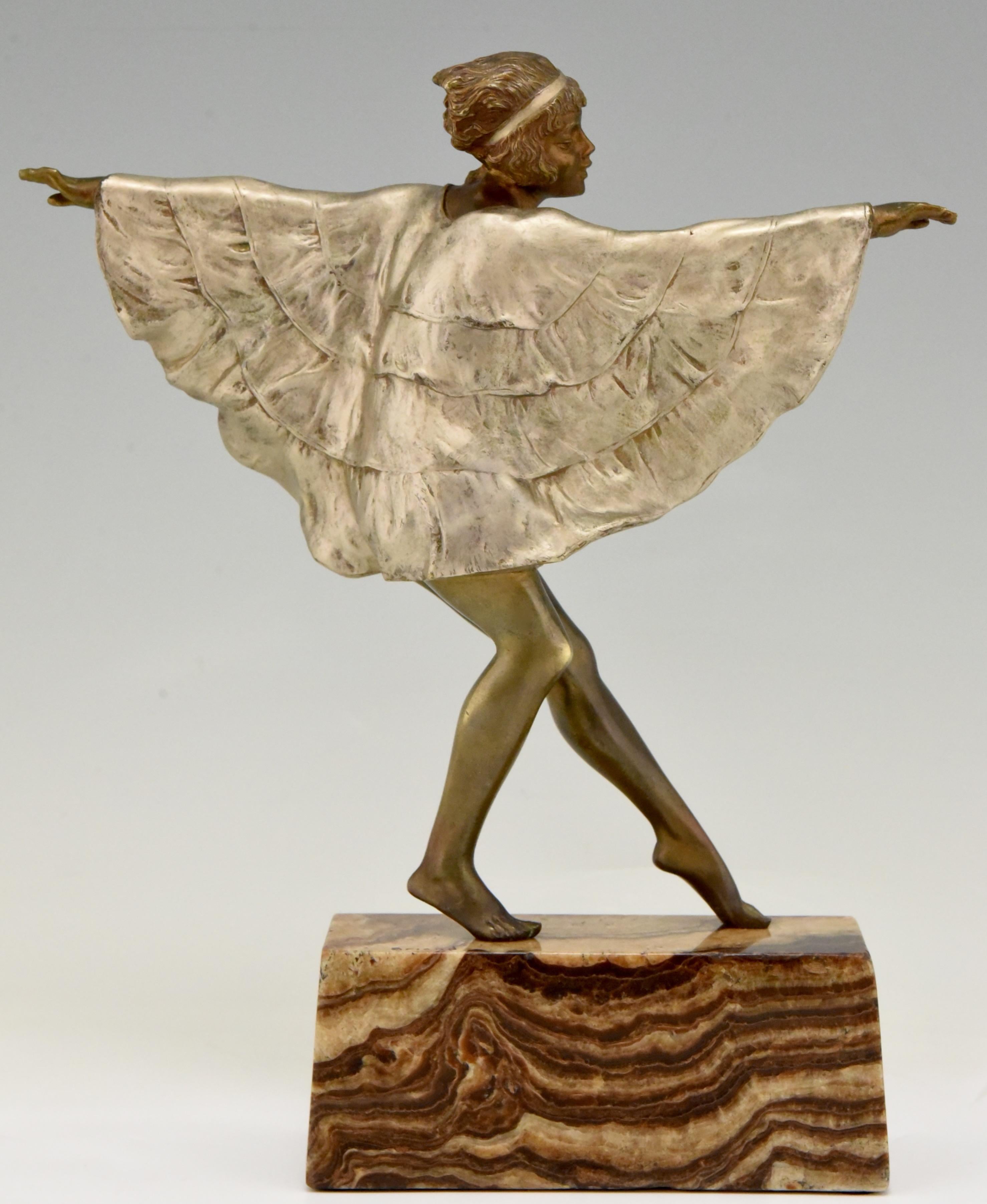 Early 20th Century Art Deco Bronze Sculpture Dancer with Butterfly Dress Marcel Andre Bouraine