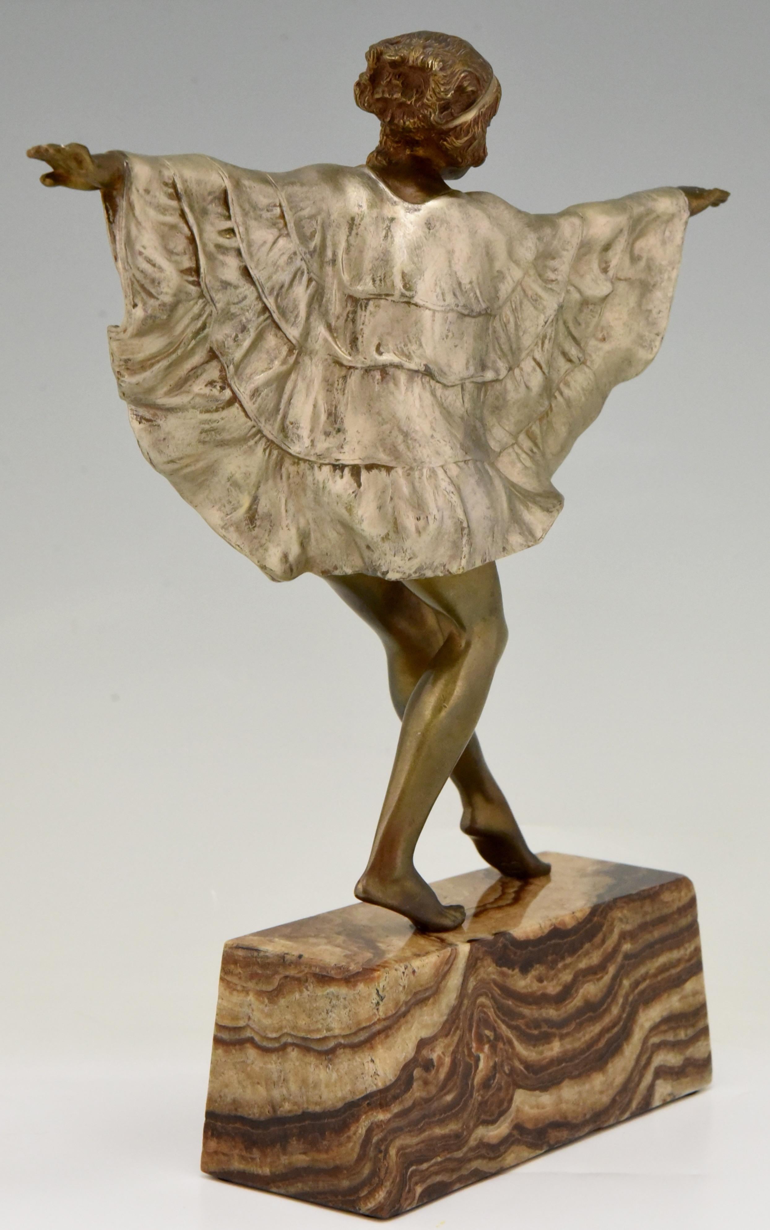 Marble Art Deco Bronze Sculpture Dancer with Butterfly Dress Marcel Andre Bouraine