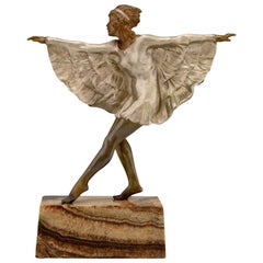 Art Deco Bronze Sculpture Dancer with Butterfly Dress Marcel Andre Bouraine