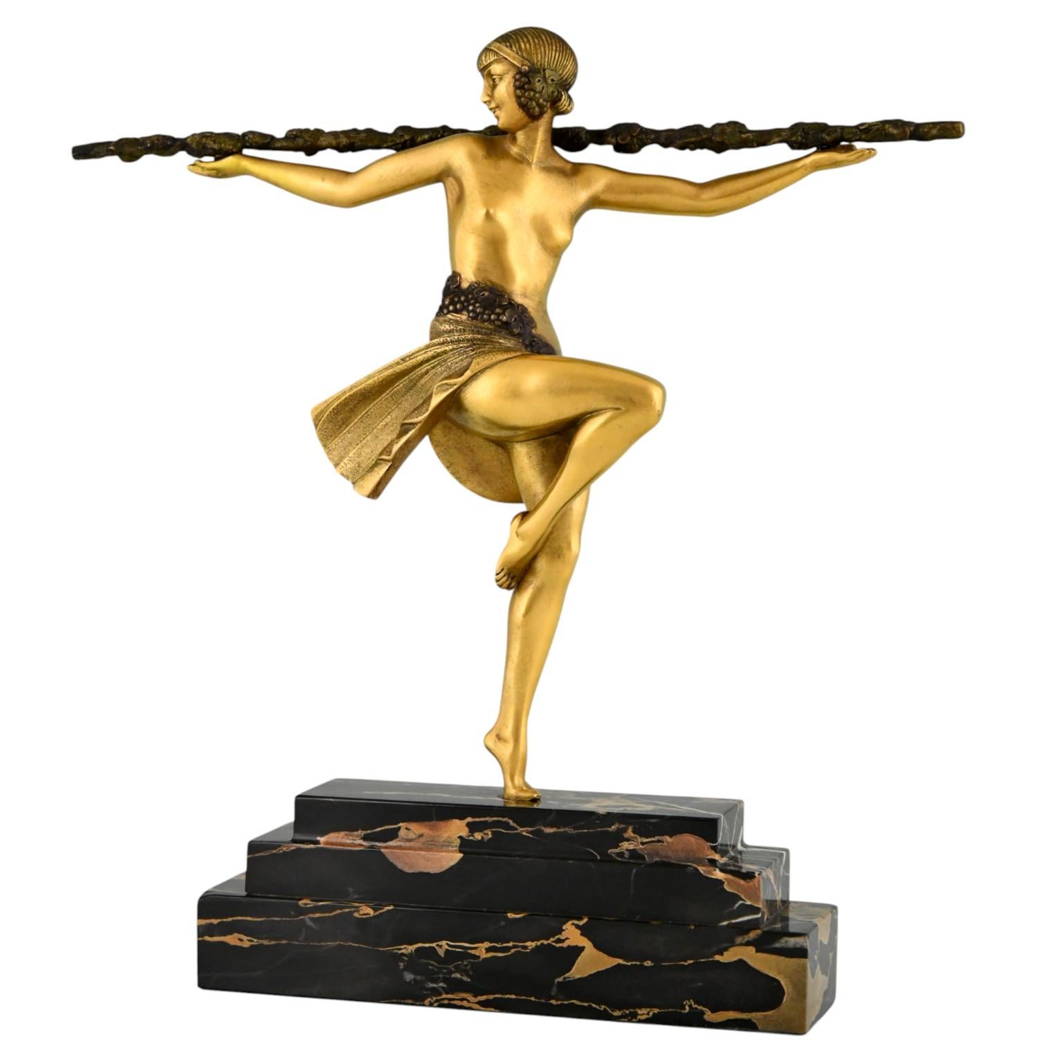 Art Deco Bronzeskulptur Tänzerin mit Thyrsus Pierre Le Faguays, Etling 1930 im Angebot 1