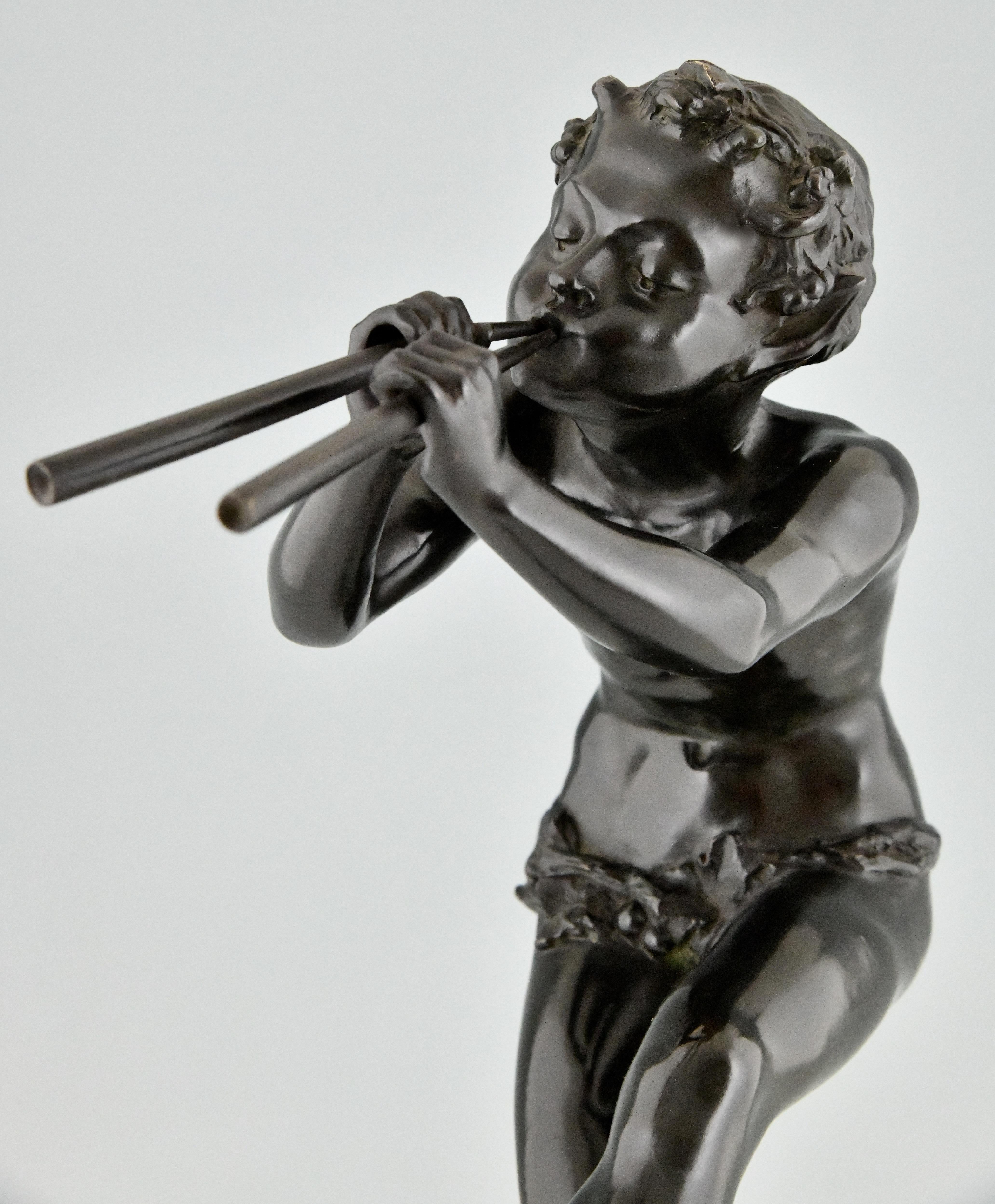 Art Deco Bronze Sculpture Dancing Faun with Flutes by Edouard Drouot 1920 4