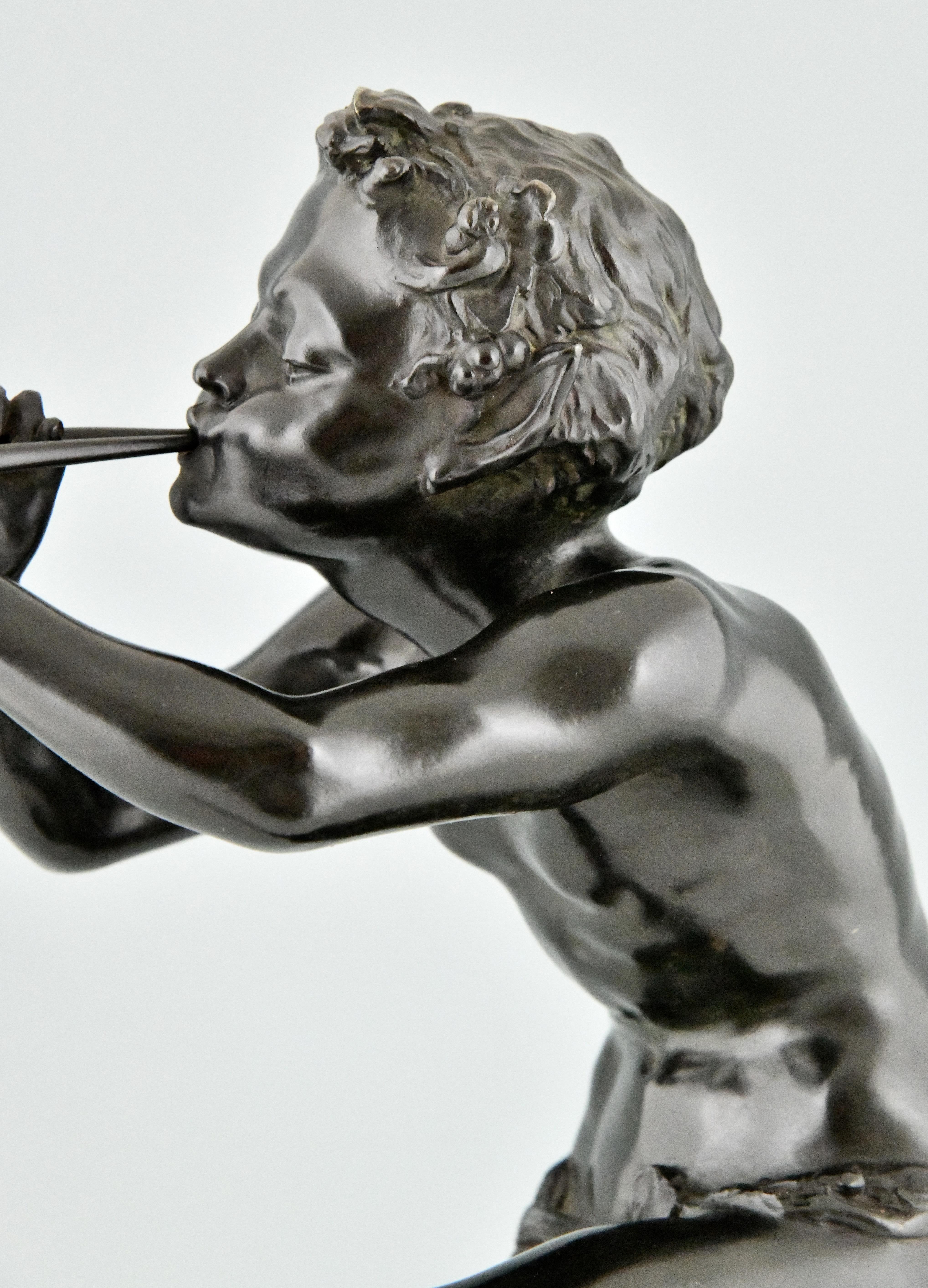 Art Deco Bronze Sculpture Dancing Faun with Flutes by Edouard Drouot 1920 5