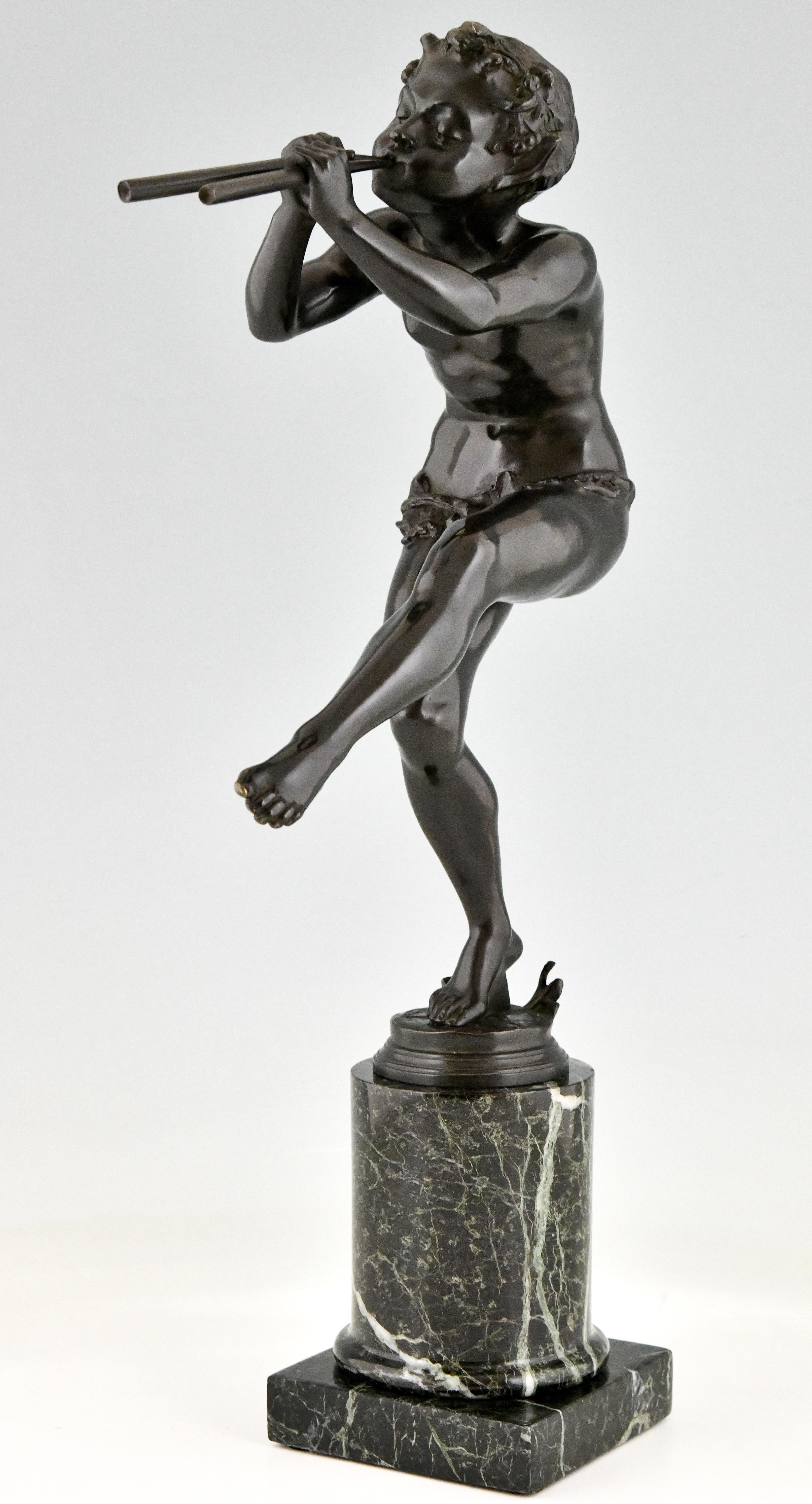 French Art Deco Bronze Sculpture Dancing Faun with Flutes by Edouard Drouot 1920