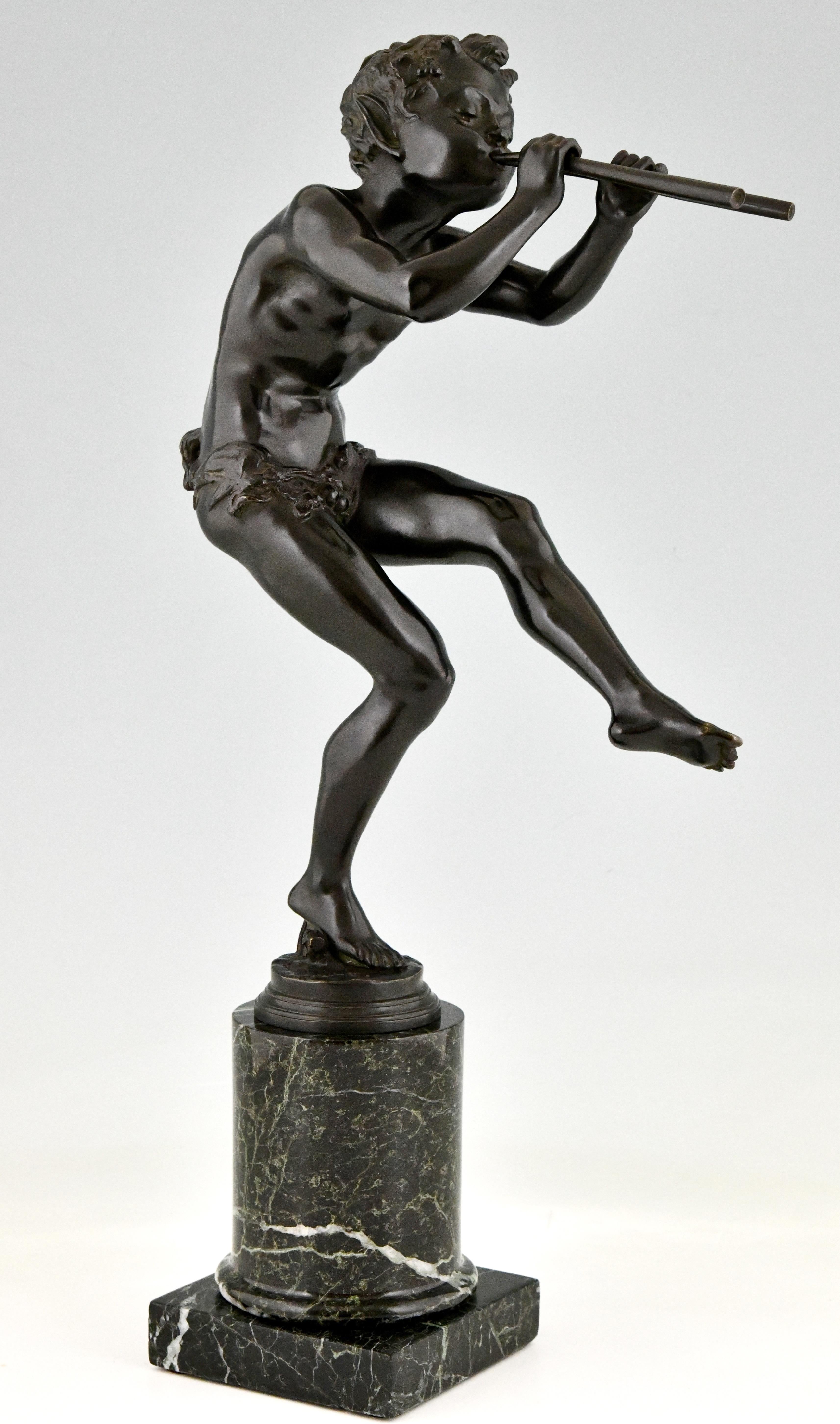 Art Deco Bronze Sculpture Dancing Faun with Flutes by Edouard Drouot 1920 In Good Condition In Antwerp, BE