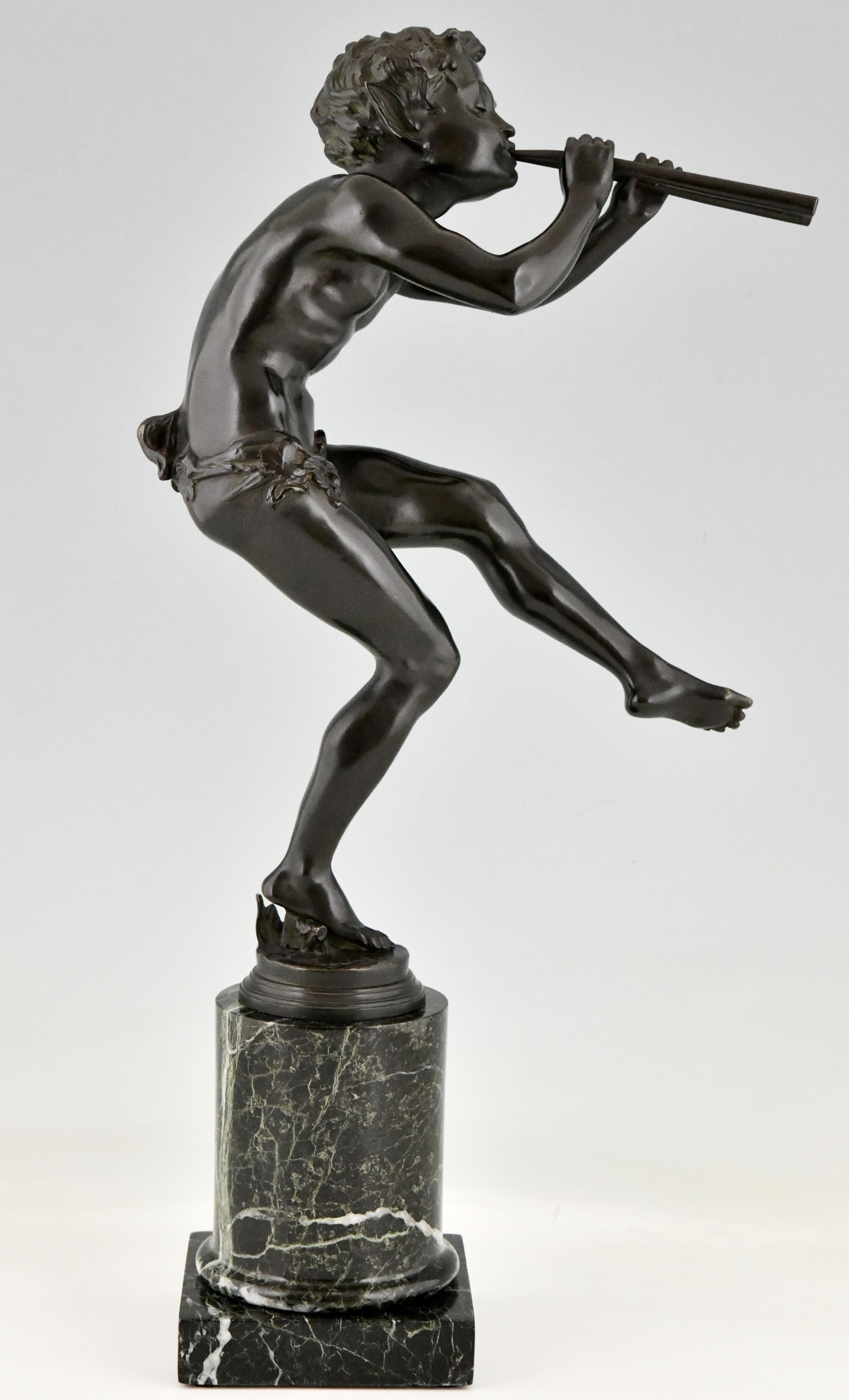 Early 20th Century Art Deco Bronze Sculpture Dancing Faun with Flutes by Edouard Drouot 1920