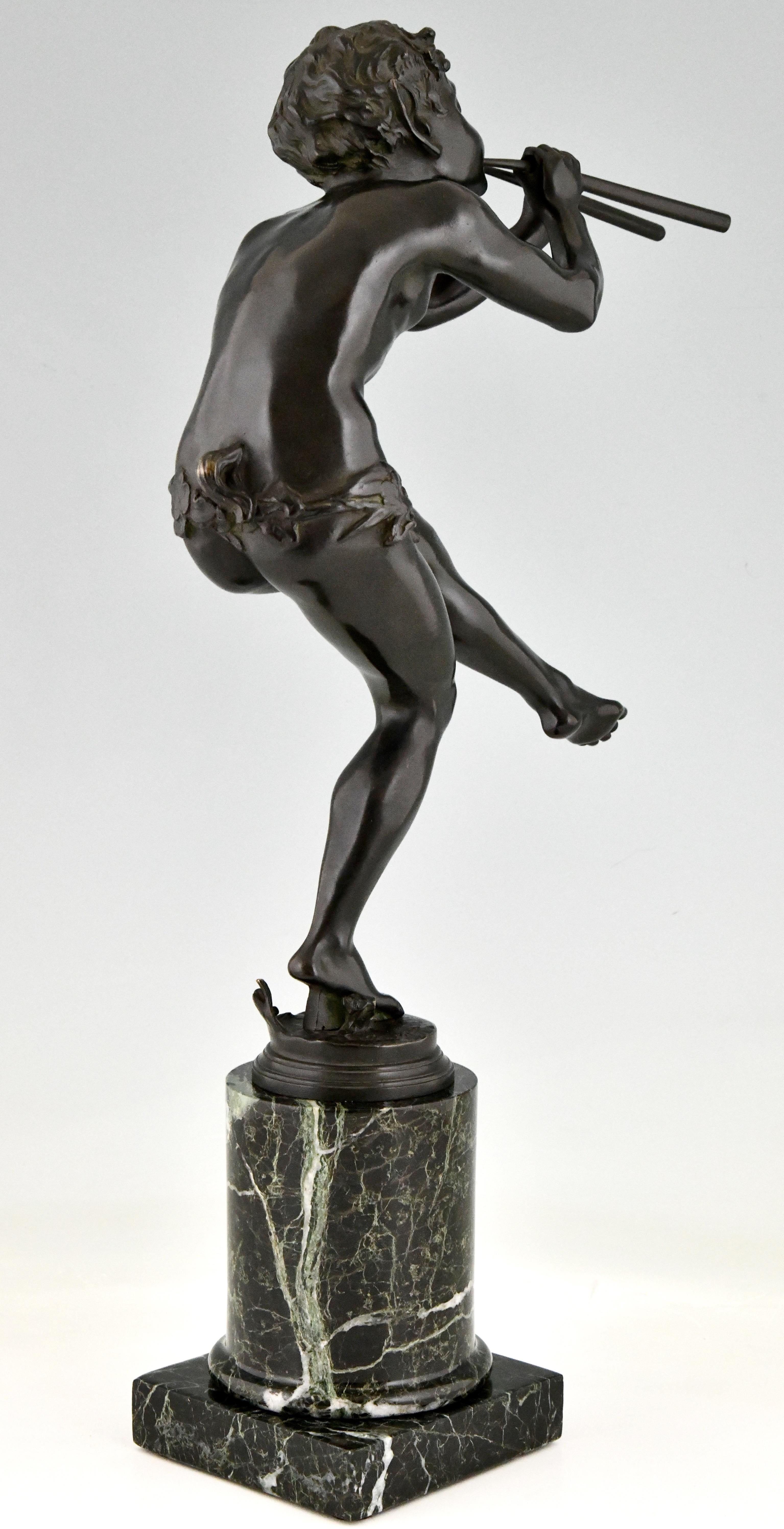 Art Deco Bronze Sculpture Dancing Faun with Flutes by Edouard Drouot 1920 1