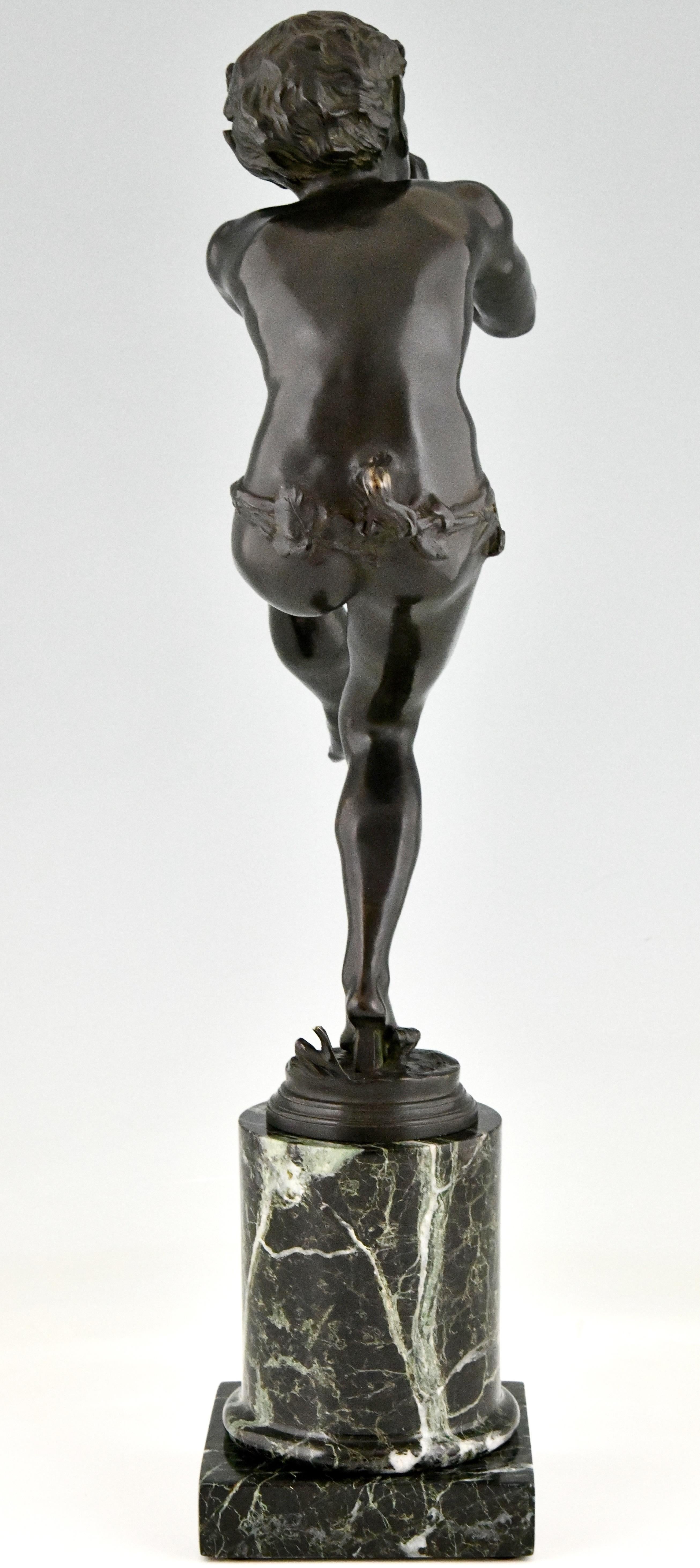 Art Deco Bronze Sculpture Dancing Faun with Flutes by Edouard Drouot 1920 2