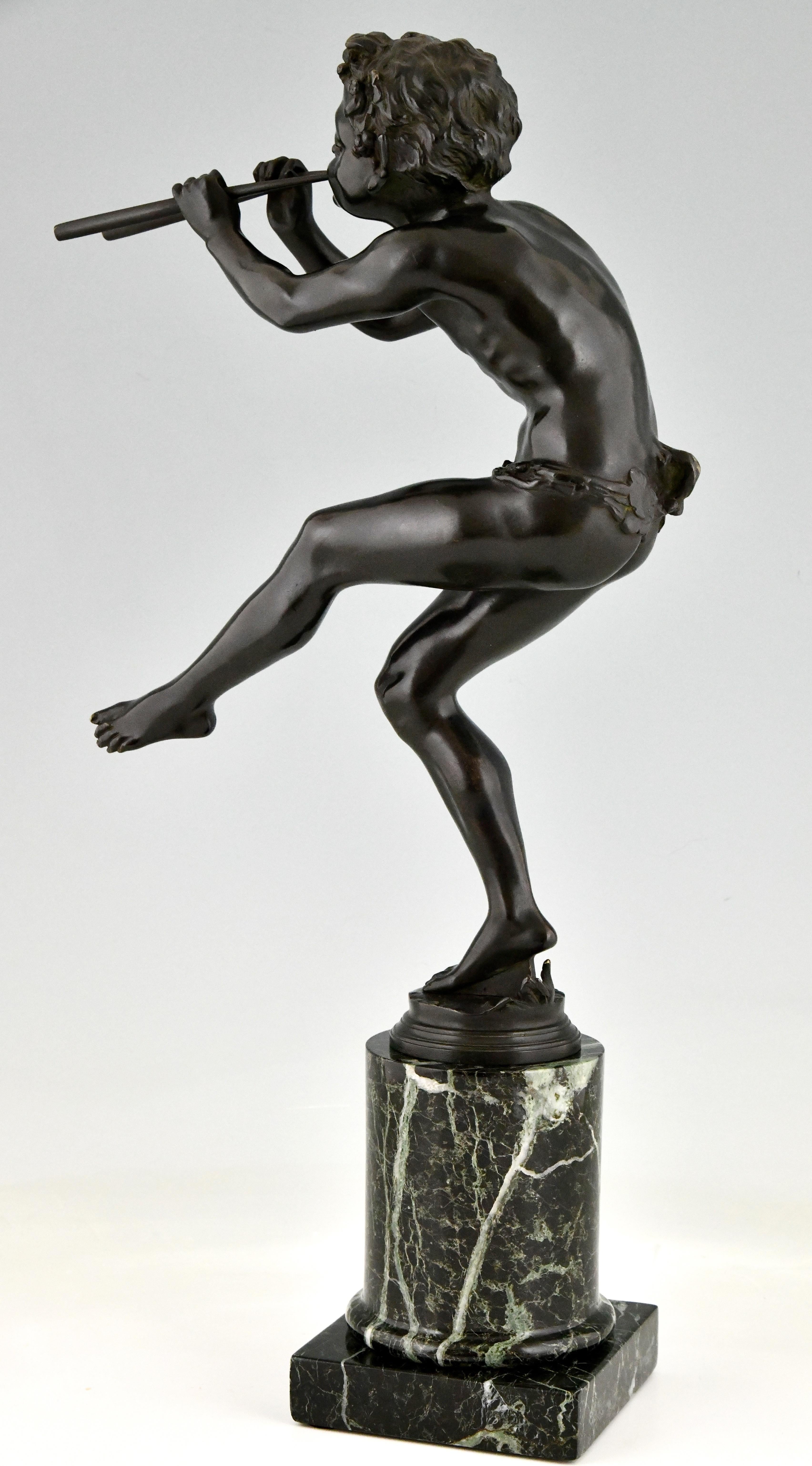 Art Deco Bronze Sculpture Dancing Faun with Flutes by Edouard Drouot 1920 3