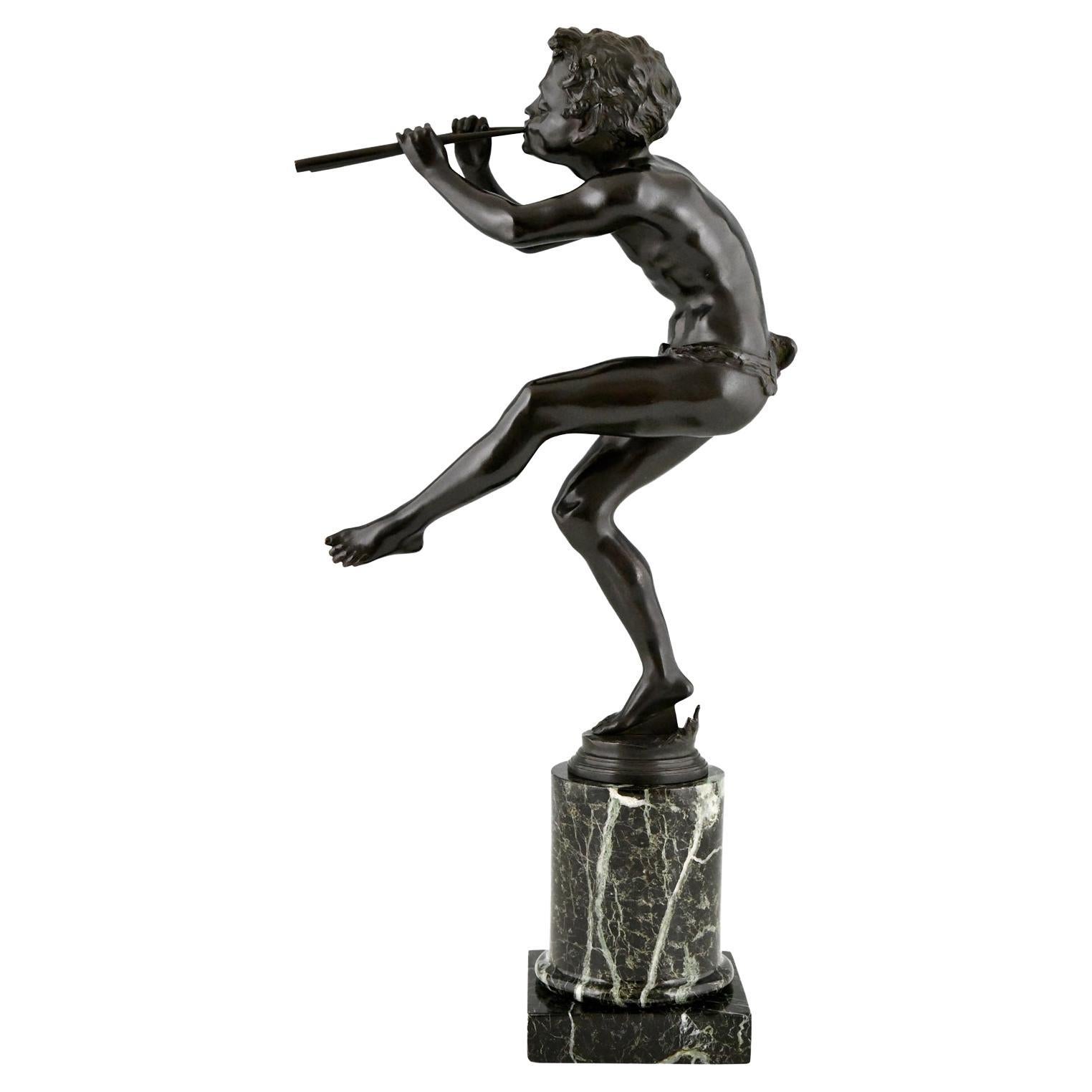 Art Deco Bronze Sculpture Dancing Faun with Flutes by Edouard Drouot 1920