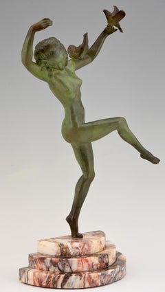 Art Deco bronze sculpture dancing nude with birds Marcel Andre Bouraine 1930