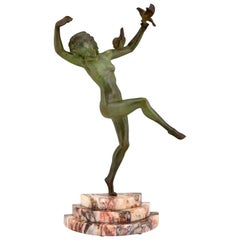 Vintage Art Deco bronze sculpture dancing nude with birds Marcel Andre Bouraine 1930