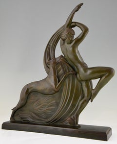 Art Deco Bronze Sculpture Dancing Nude with Borzoi Dog by Philippe, France, 1925