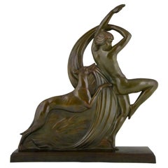 Art Deco Bronze Sculpture Dancing Nude with Borzoi Dog by Philippe, France, 1925