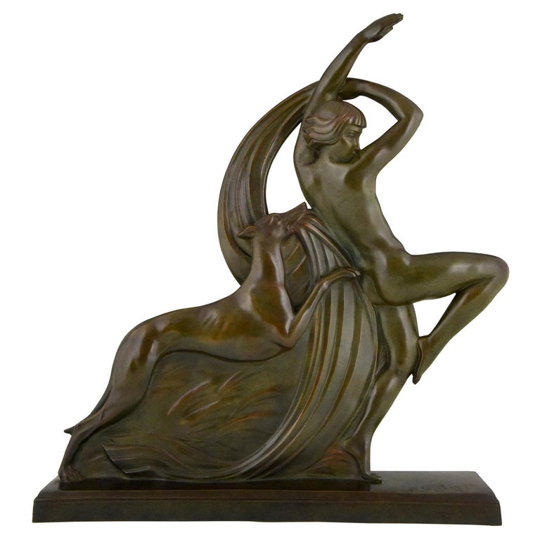 Art Deco Bronze Sculpture Dancing Nude with Borzoi Dog by Philippe ...