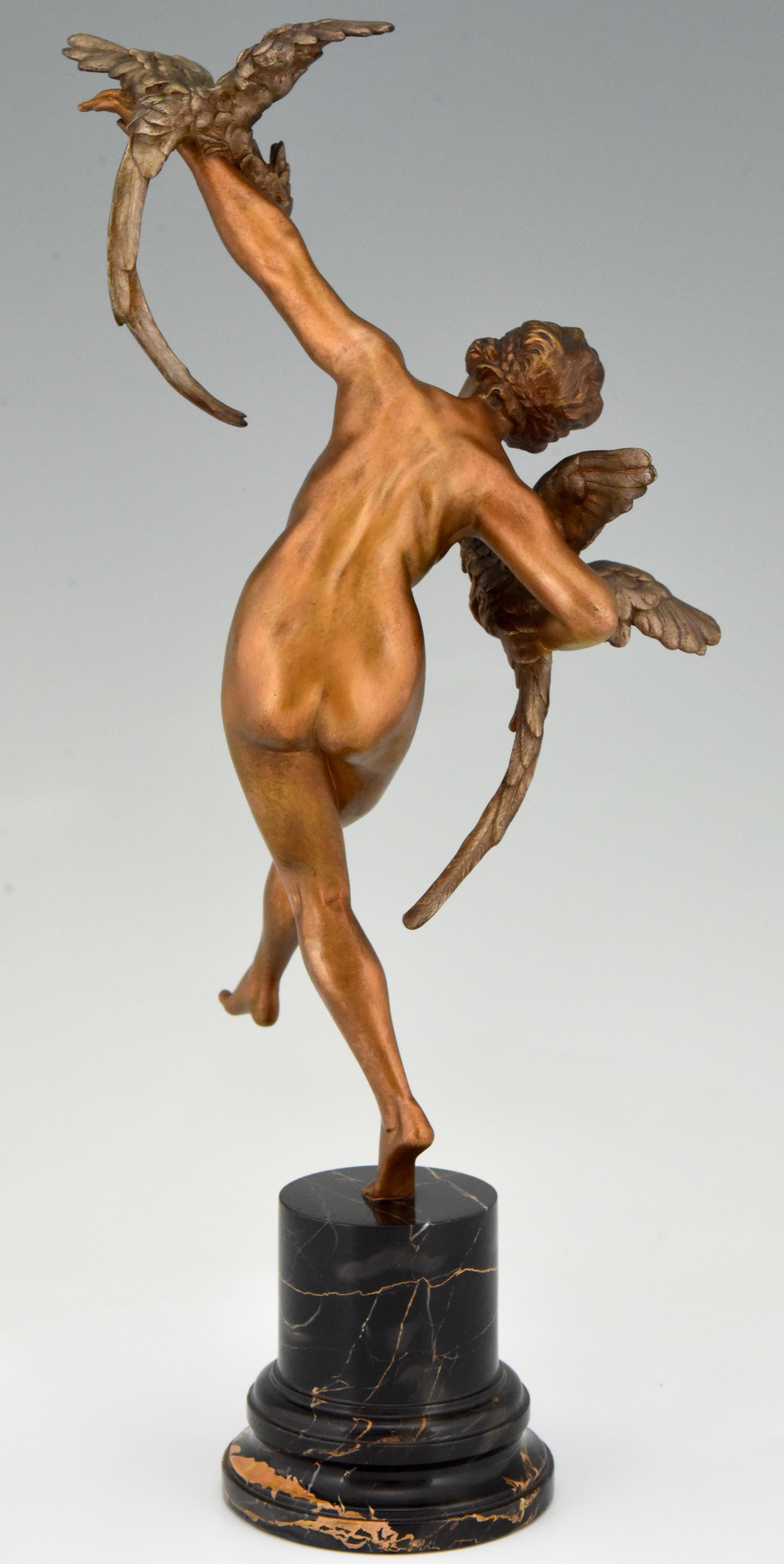 French Art Deco Bronze Sculpture Dancing Nude with Parrots Claire Colinet, France, 1925