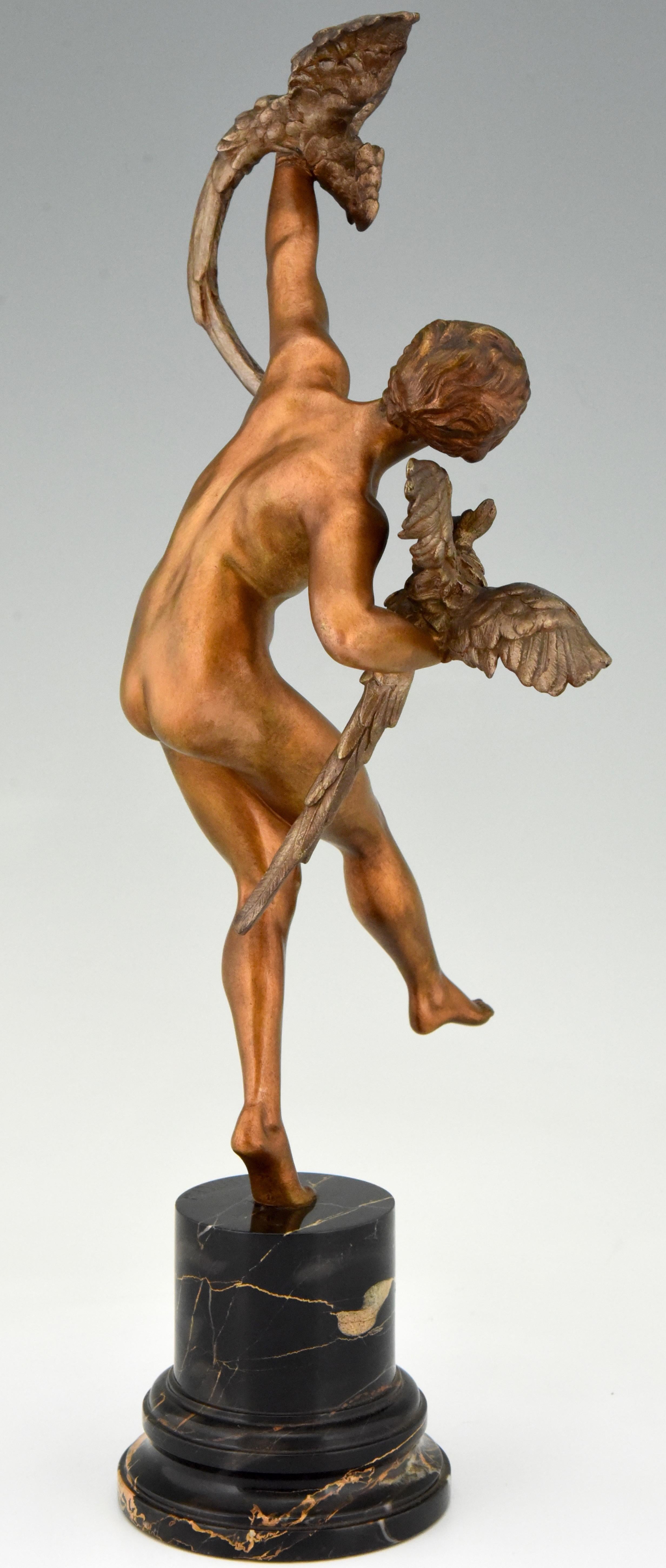 Patinated Art Deco Bronze Sculpture Dancing Nude with Parrots Claire Colinet, France, 1925