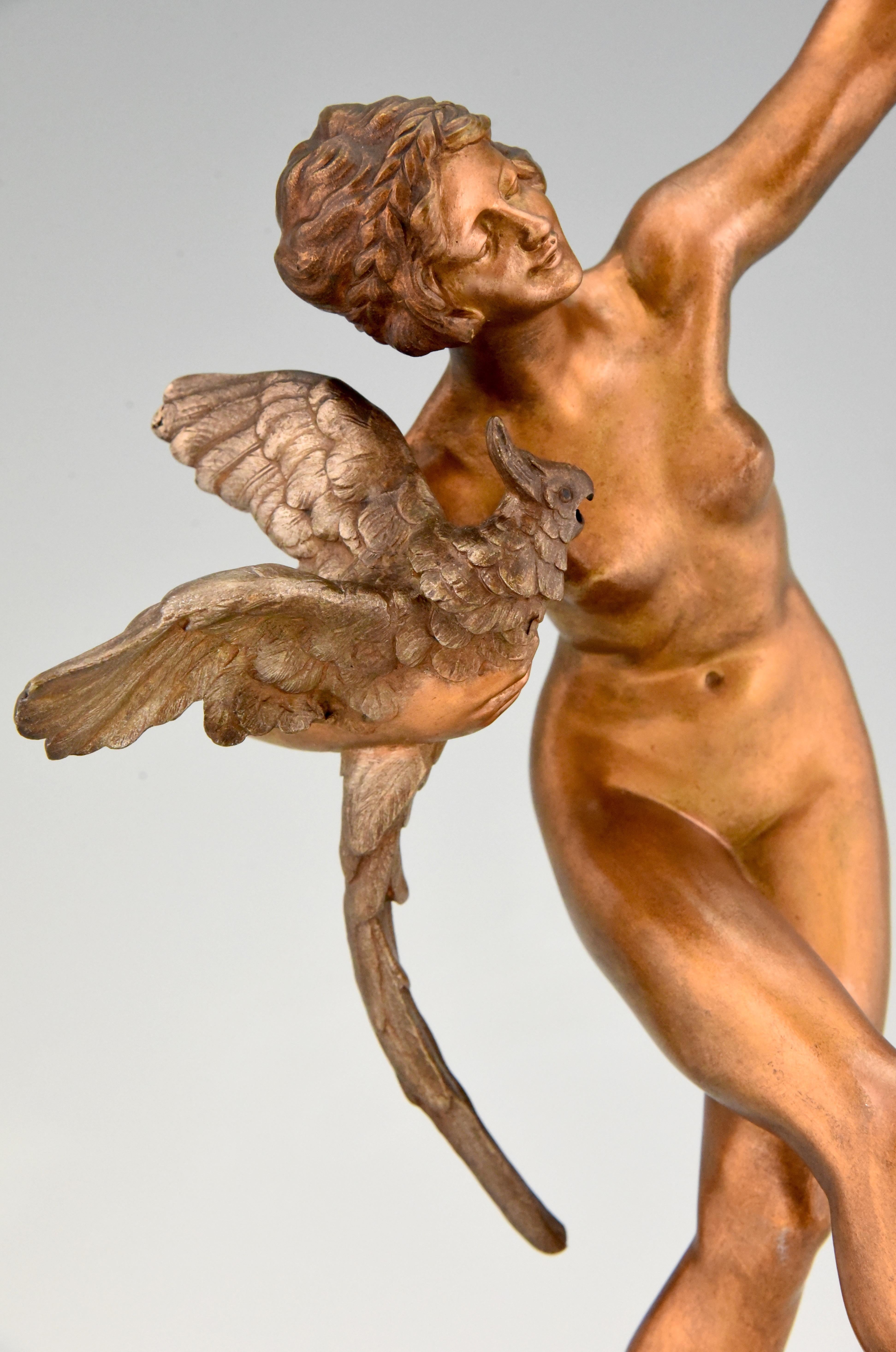 Early 20th Century Art Deco Bronze Sculpture Dancing Nude with Parrots Claire Colinet, France, 1925