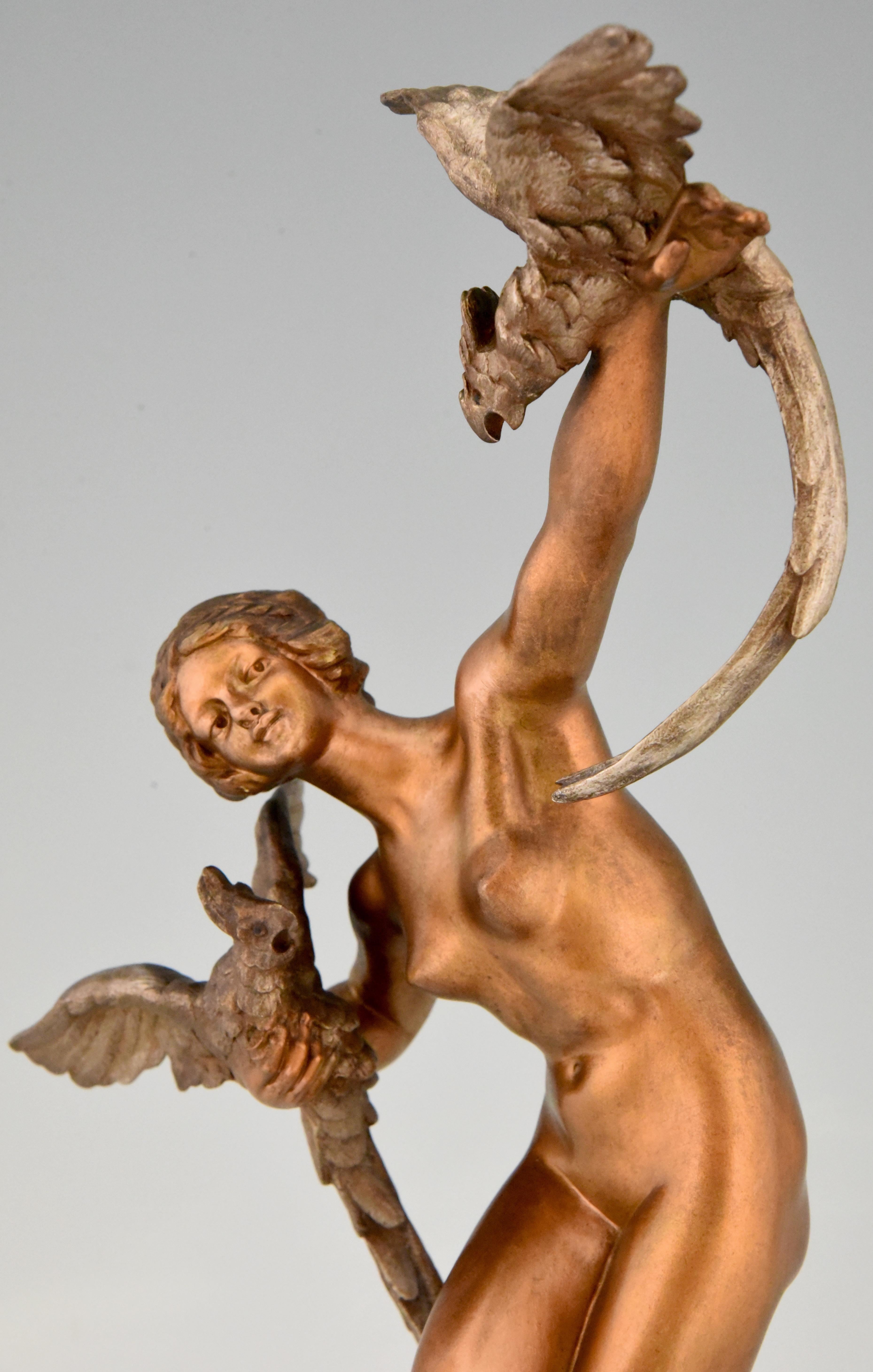 Art Deco Bronze Sculpture Dancing Nude with Parrots Claire Colinet, France, 1925 1