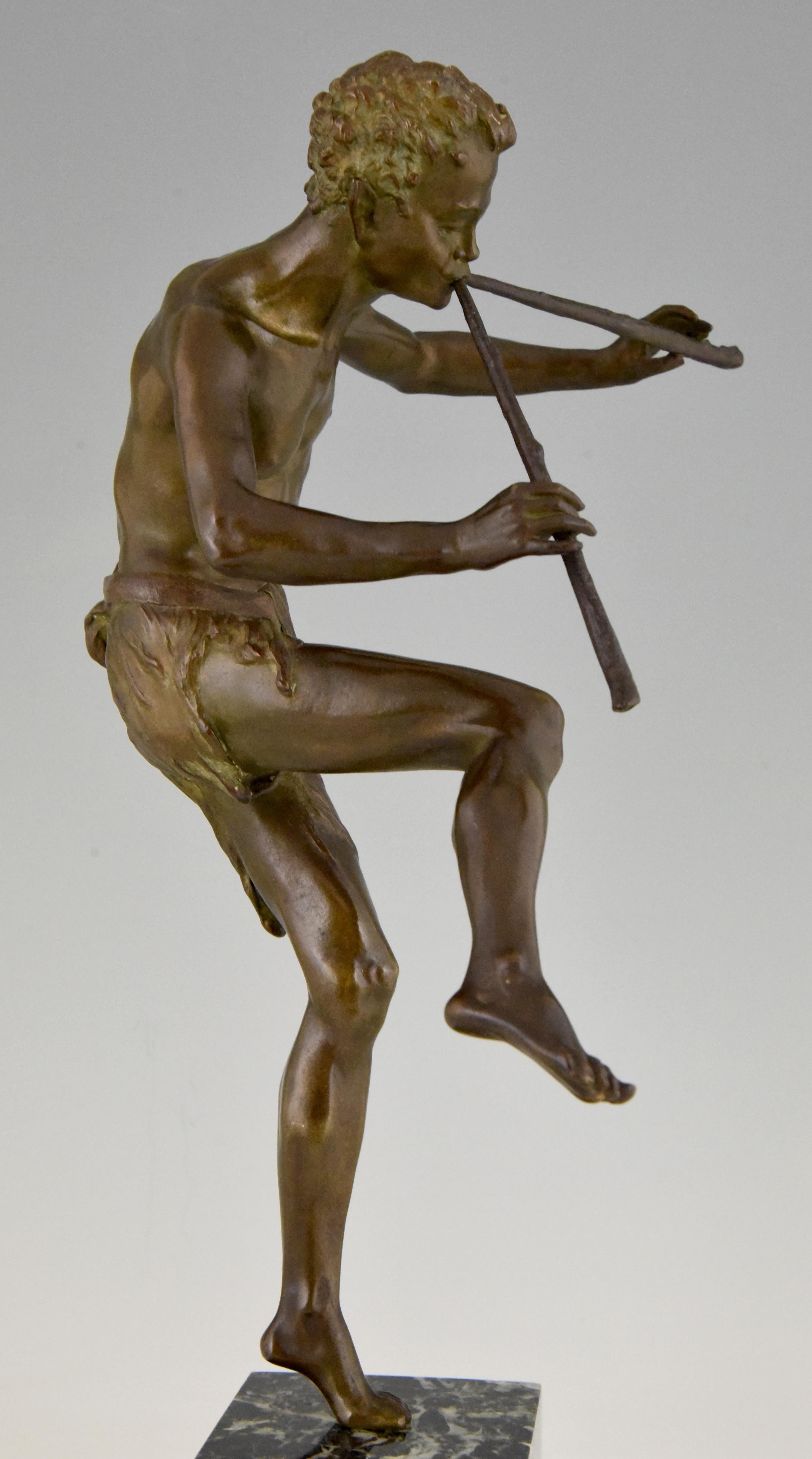Art Deco Bronze Sculpture Dancing Satyr with Flutes Edouard Drouot  1920 France 4