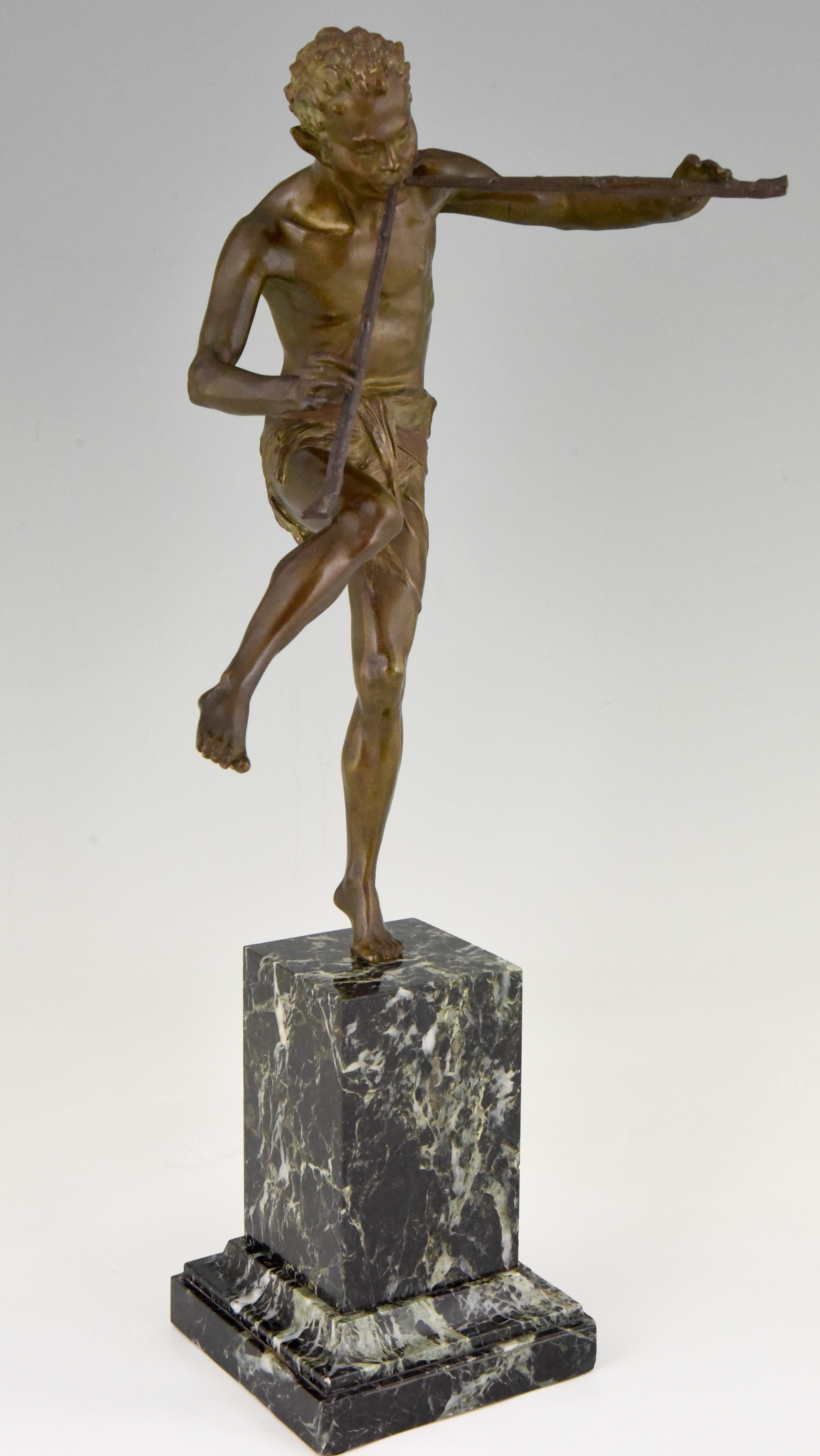 Beautiful Art Deco bronze sculpture of a dancing satyr with flutes. Signed by the famous French sculptor Edouard Drouot. Fine quality bronze with lovely patina mounted on a green marble base. 
With founders signature Etling, Paris circa 1920. 

