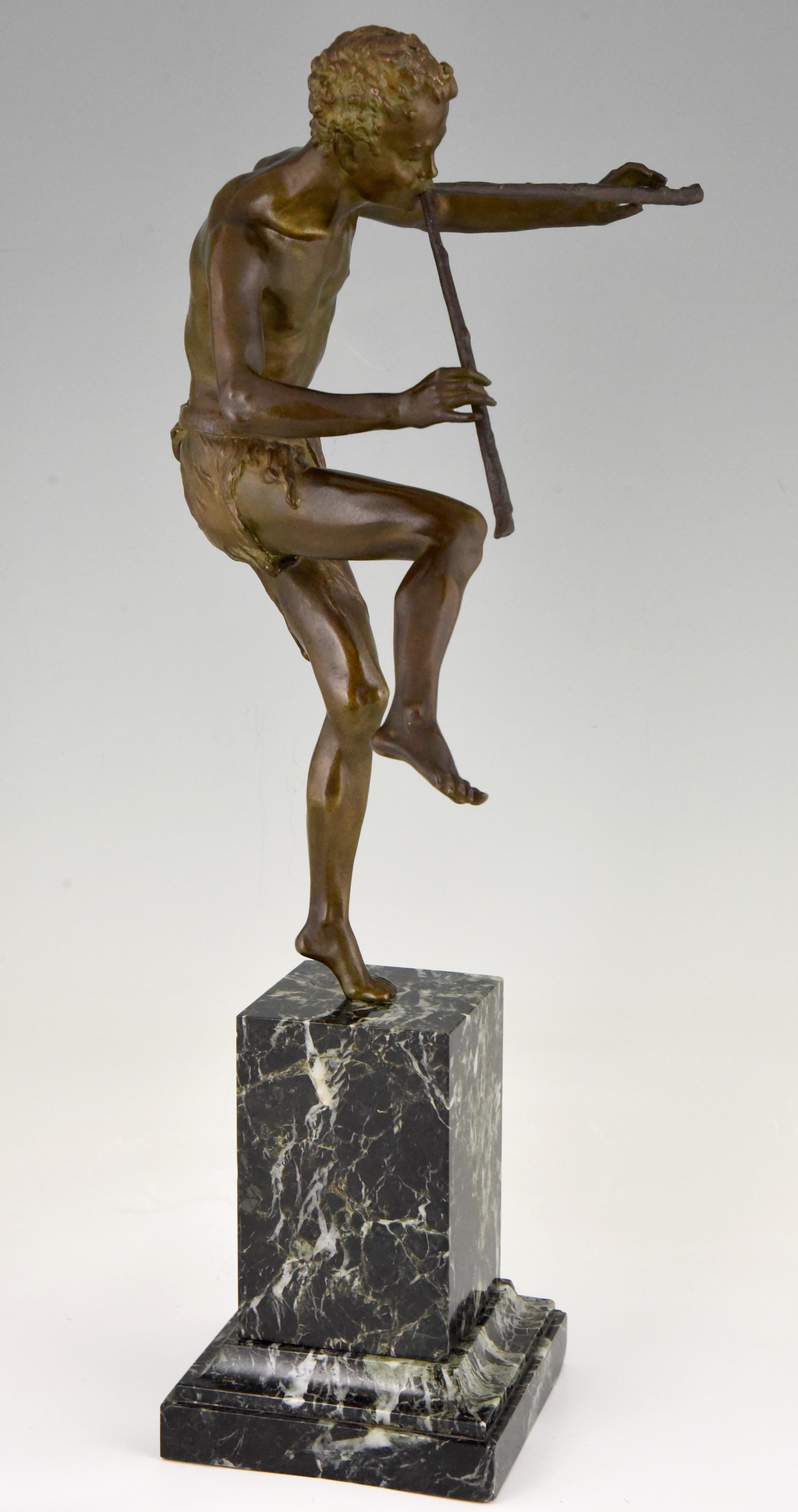 French Art Deco Bronze Sculpture Dancing Satyr with Flutes Edouard Drouot  1920 France