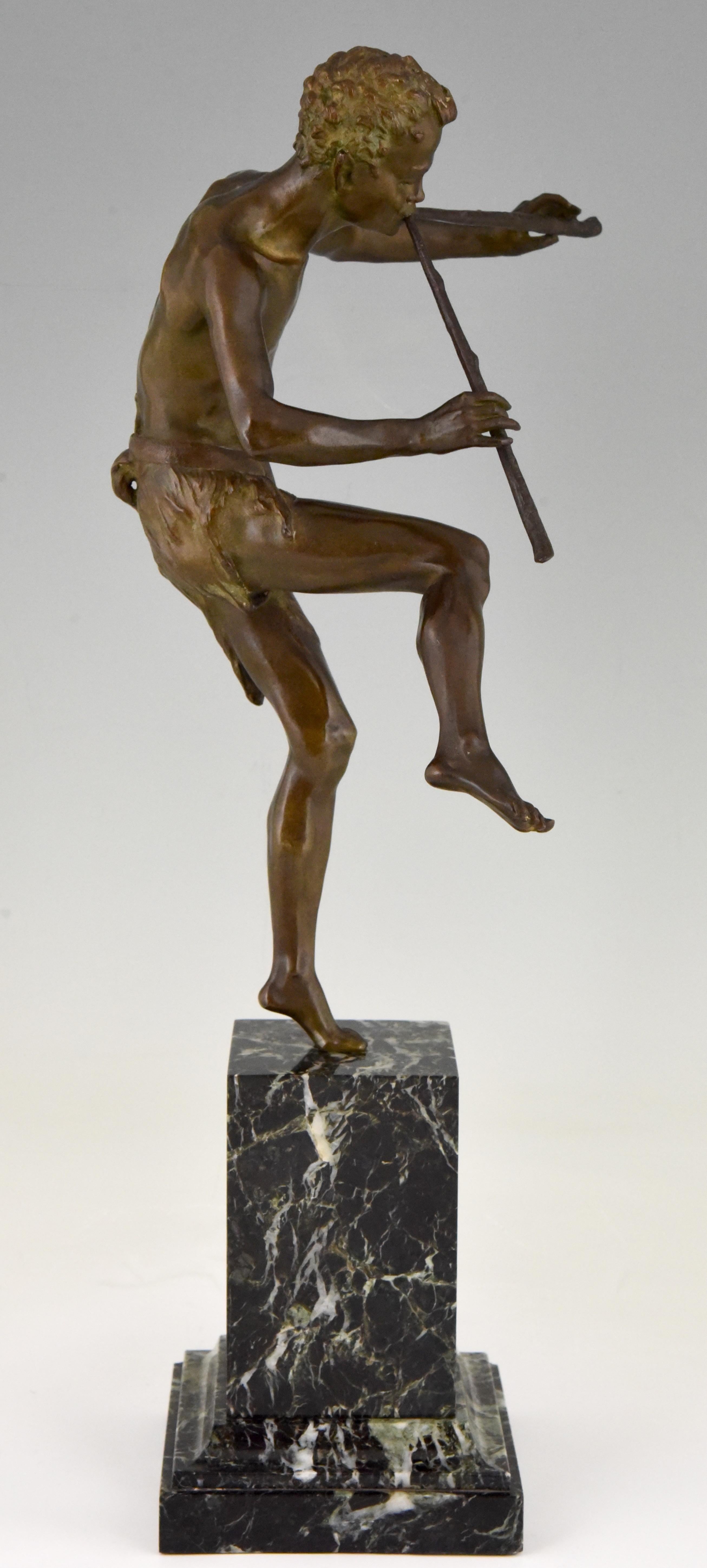 Patinated Art Deco Bronze Sculpture Dancing Satyr with Flutes Edouard Drouot  1920 France
