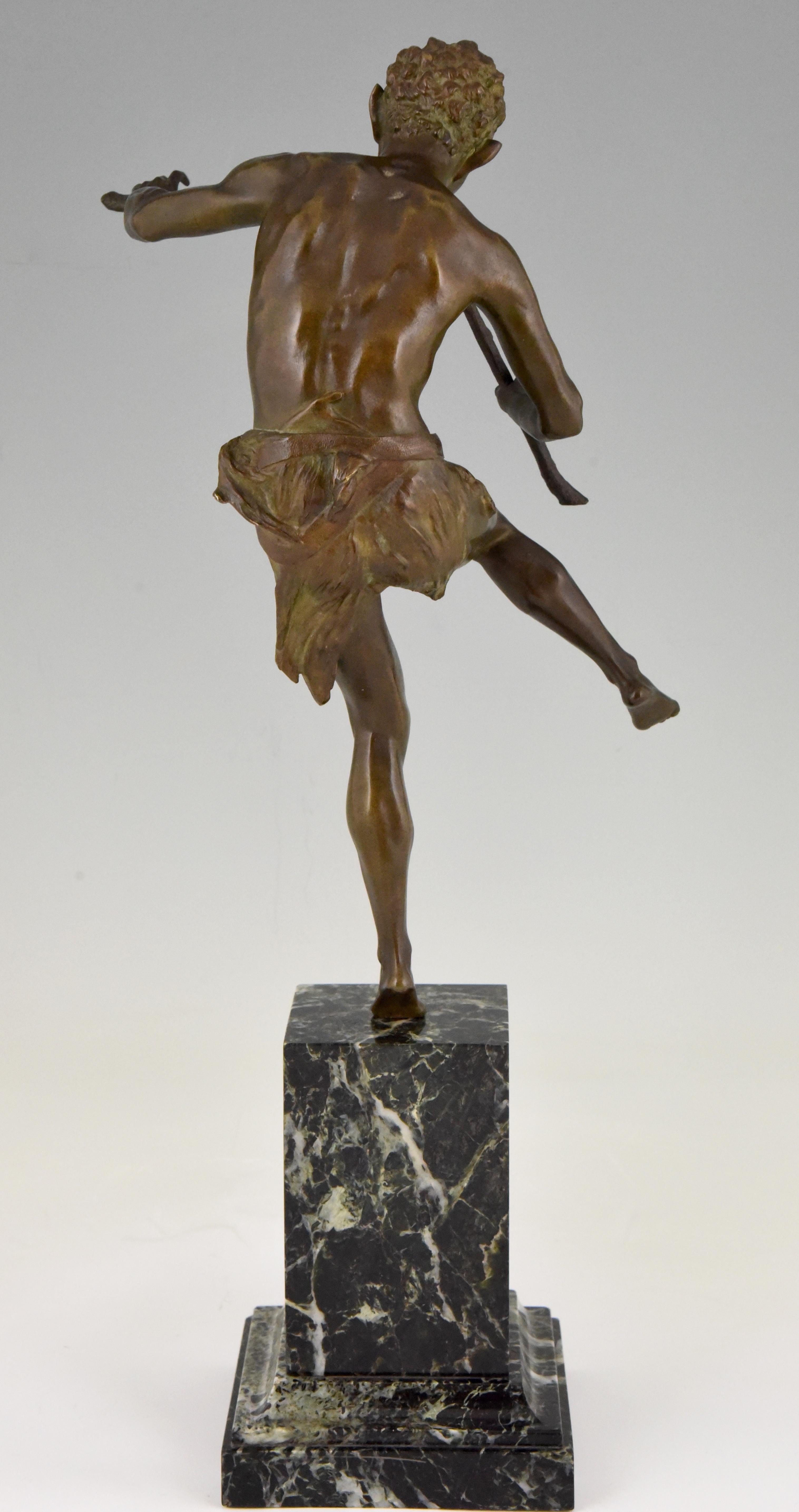 Art Deco Bronze Sculpture Dancing Satyr with Flutes Edouard Drouot  1920 France In Good Condition In Antwerp, BE