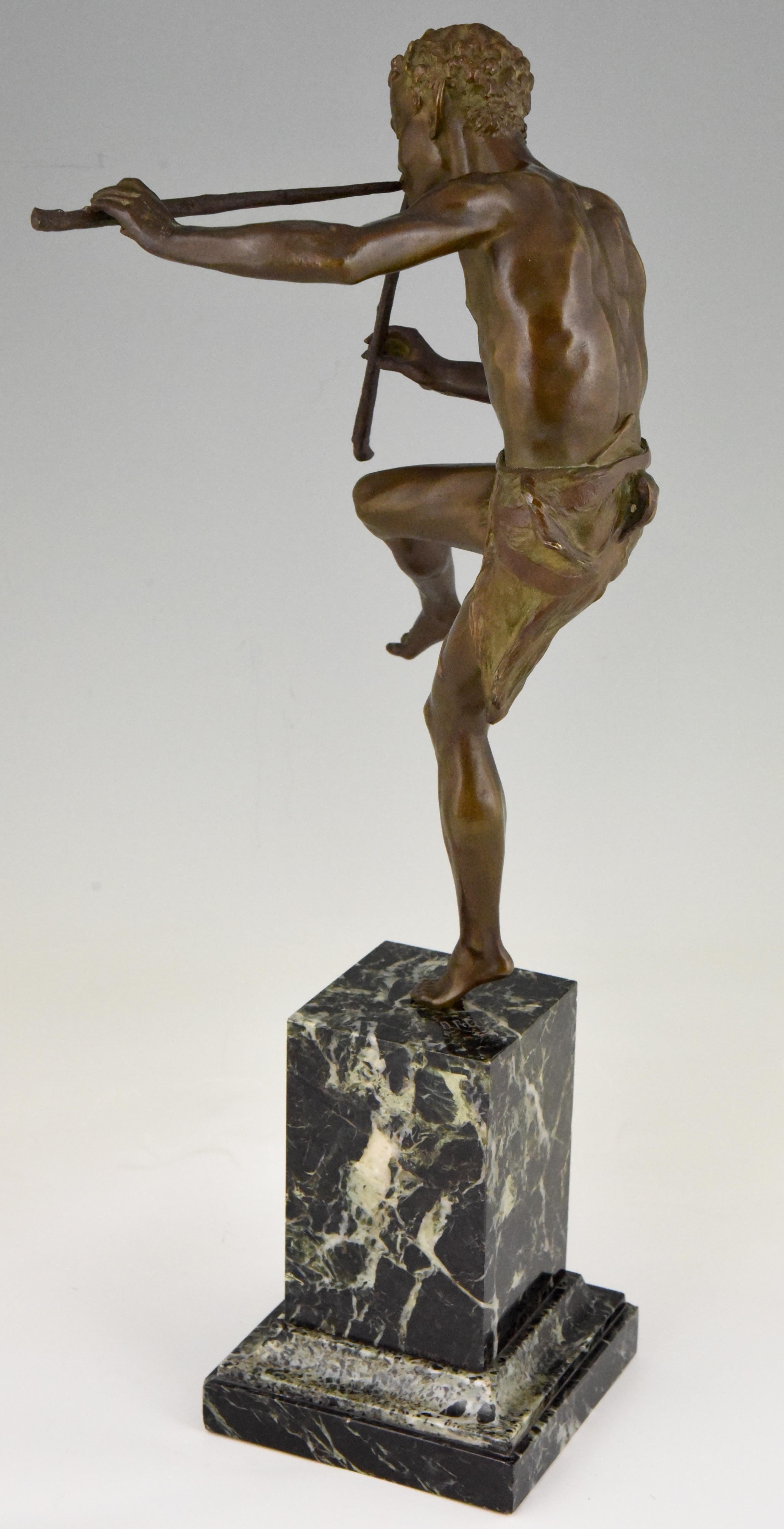 Early 20th Century Art Deco Bronze Sculpture Dancing Satyr with Flutes Edouard Drouot  1920 France