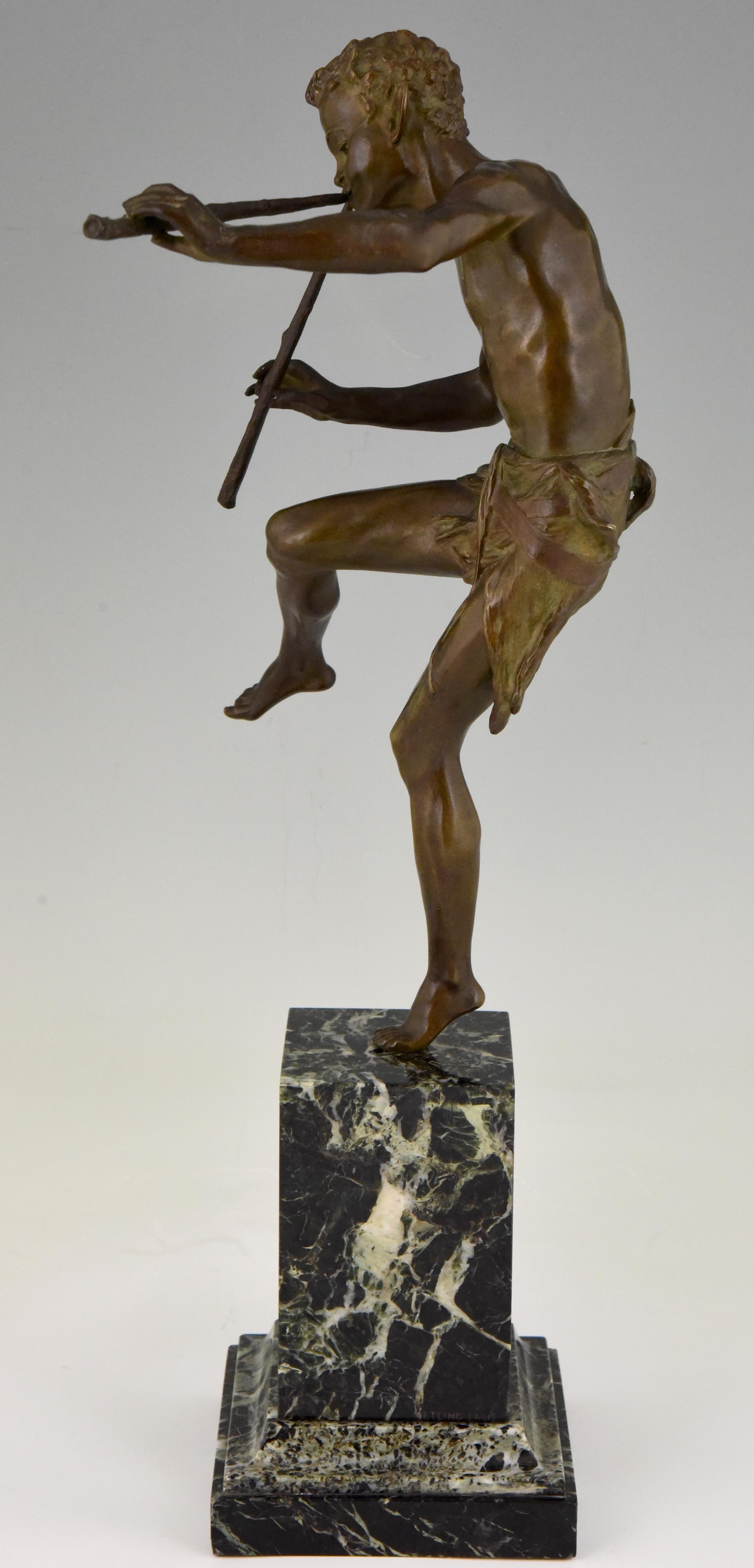 Art Deco Bronze Sculpture Dancing Satyr with Flutes Edouard Drouot  1920 France 1