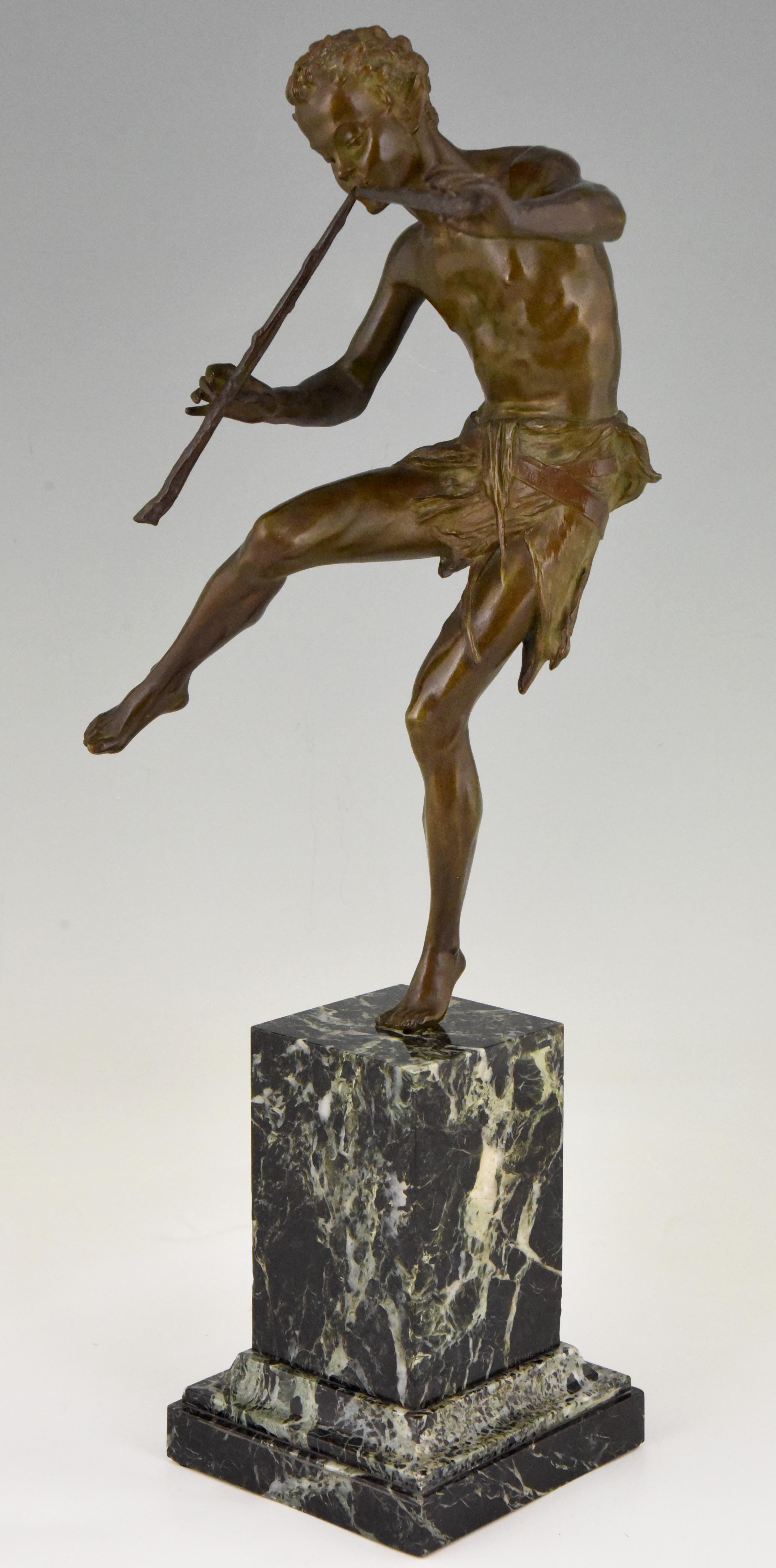 Art Deco Bronze Sculpture Dancing Satyr with Flutes Edouard Drouot  1920 France 2