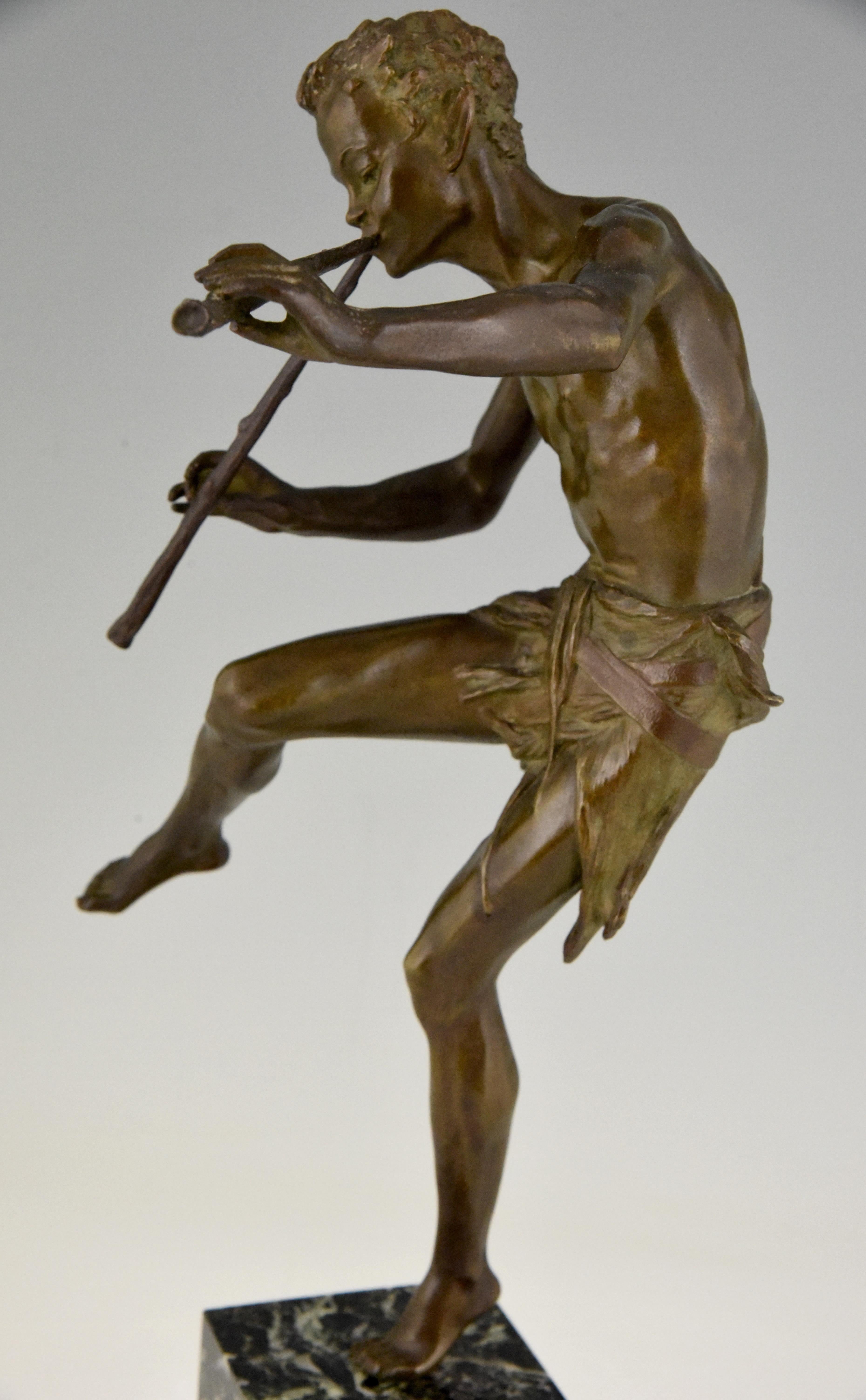 Art Deco Bronze Sculpture Dancing Satyr with Flutes Edouard Drouot  1920 France 3