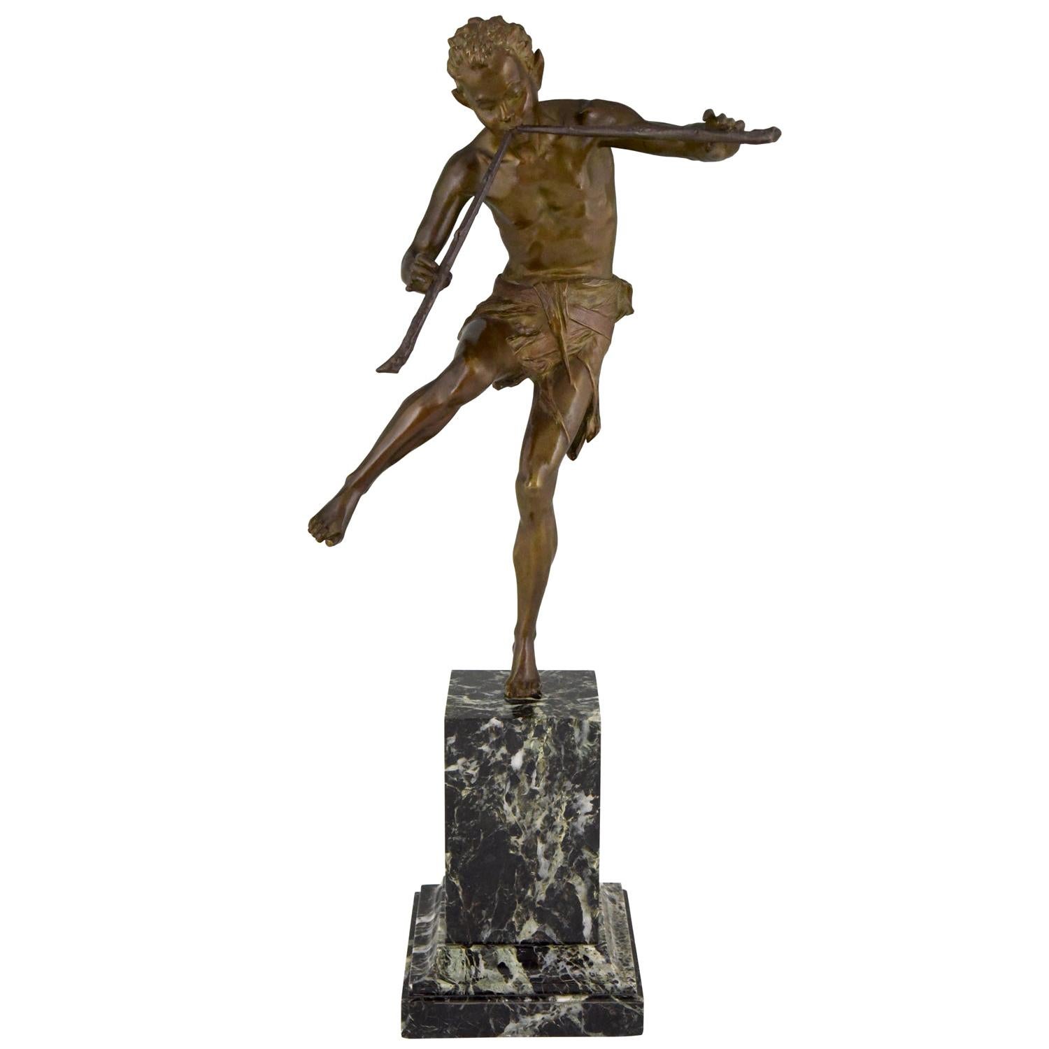 Art Deco Bronze Sculpture Dancing Satyr with Flutes Edouard Drouot  1920 France