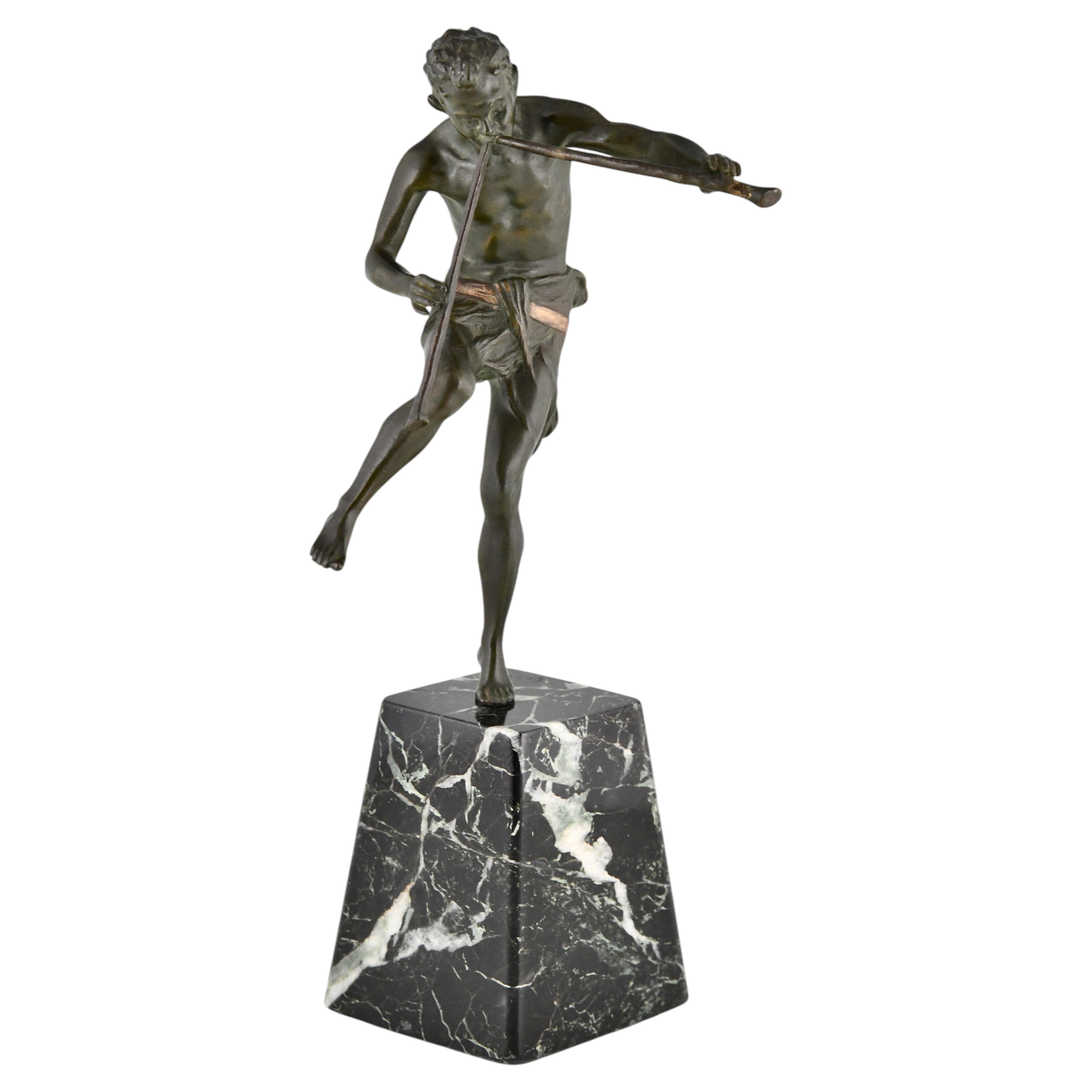 Art Deco Bronze Sculpture Dancing Satyr with Flutes Edouard Drouot 1920 France