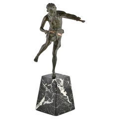 Escultura Art Decó de bronce Sátiro bailarín con flautas Edouard Drouot  1920 Francia