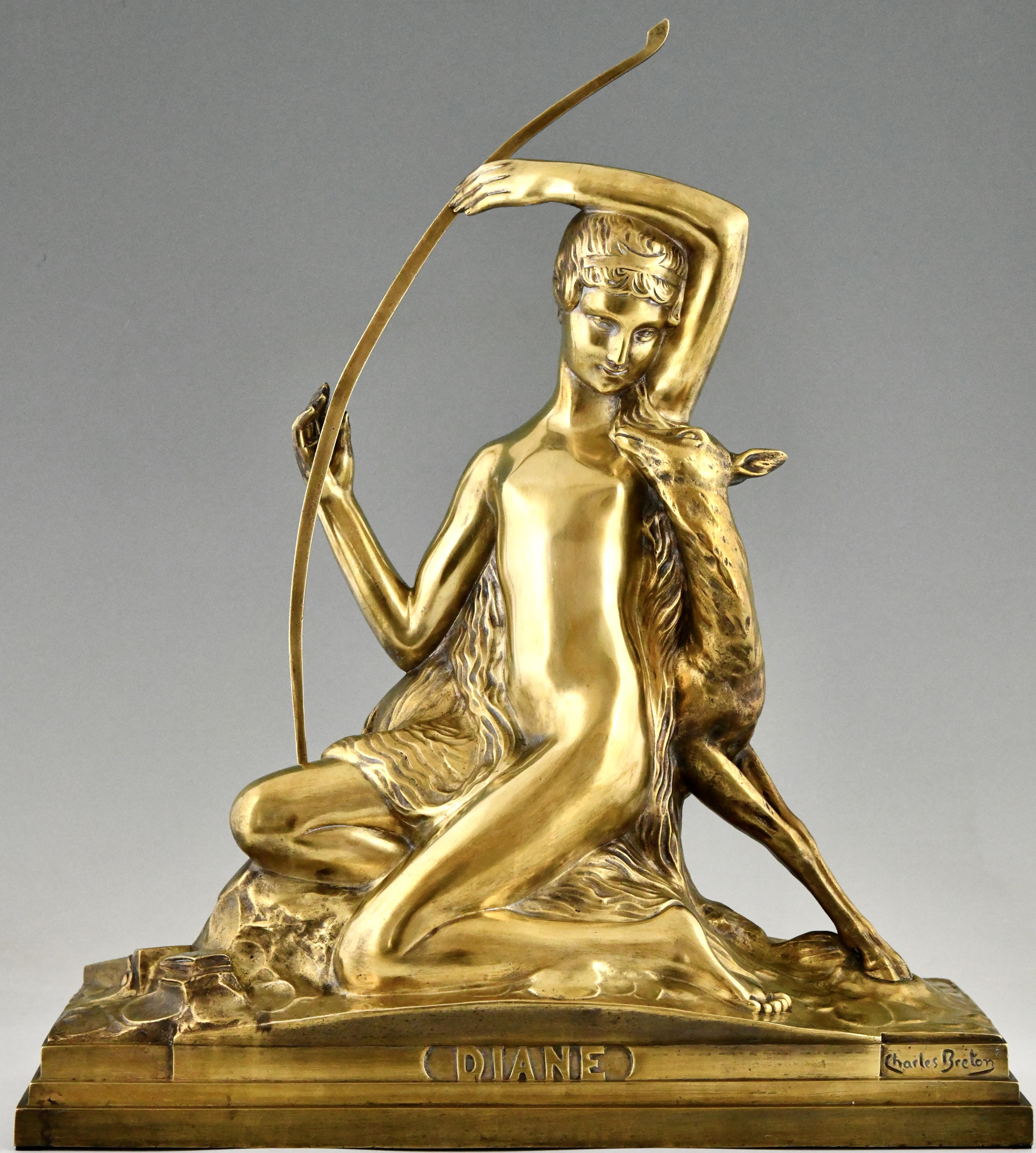 Art Deco bronze sculpture Diana the huntress with bow and fawn by Charles Eugène Breton on a rectangular bronze base. 
With artist signature and title. 
France 1930. 
Art Deco bronze sculpture Diana the huntress with bow and fawn by Charles Eugène