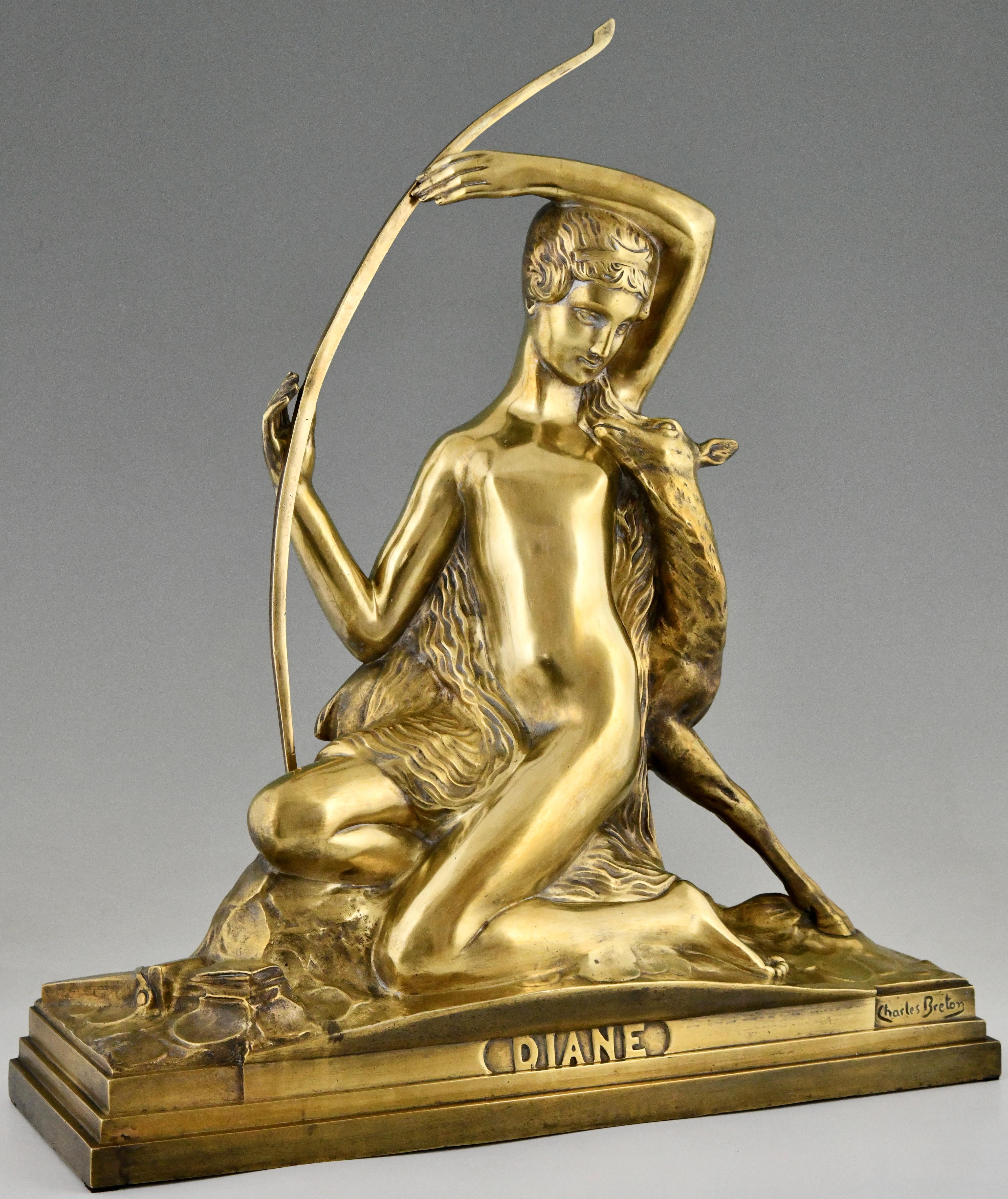 Art Deco bronze sculpture Diana the huntress with bow and fawn by Charles Eugène Breton on a rectangular bronze base. 
With artist signature and title. 
France 1930. 
Art Deco bronze sculpture Diana the huntress with bow and fawn by Charles Eugène