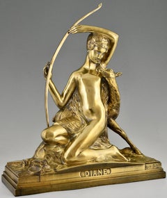 Escultura Art Decó en bronce Diana con lazo y cervatillo Por Charles Breton Francia 1930