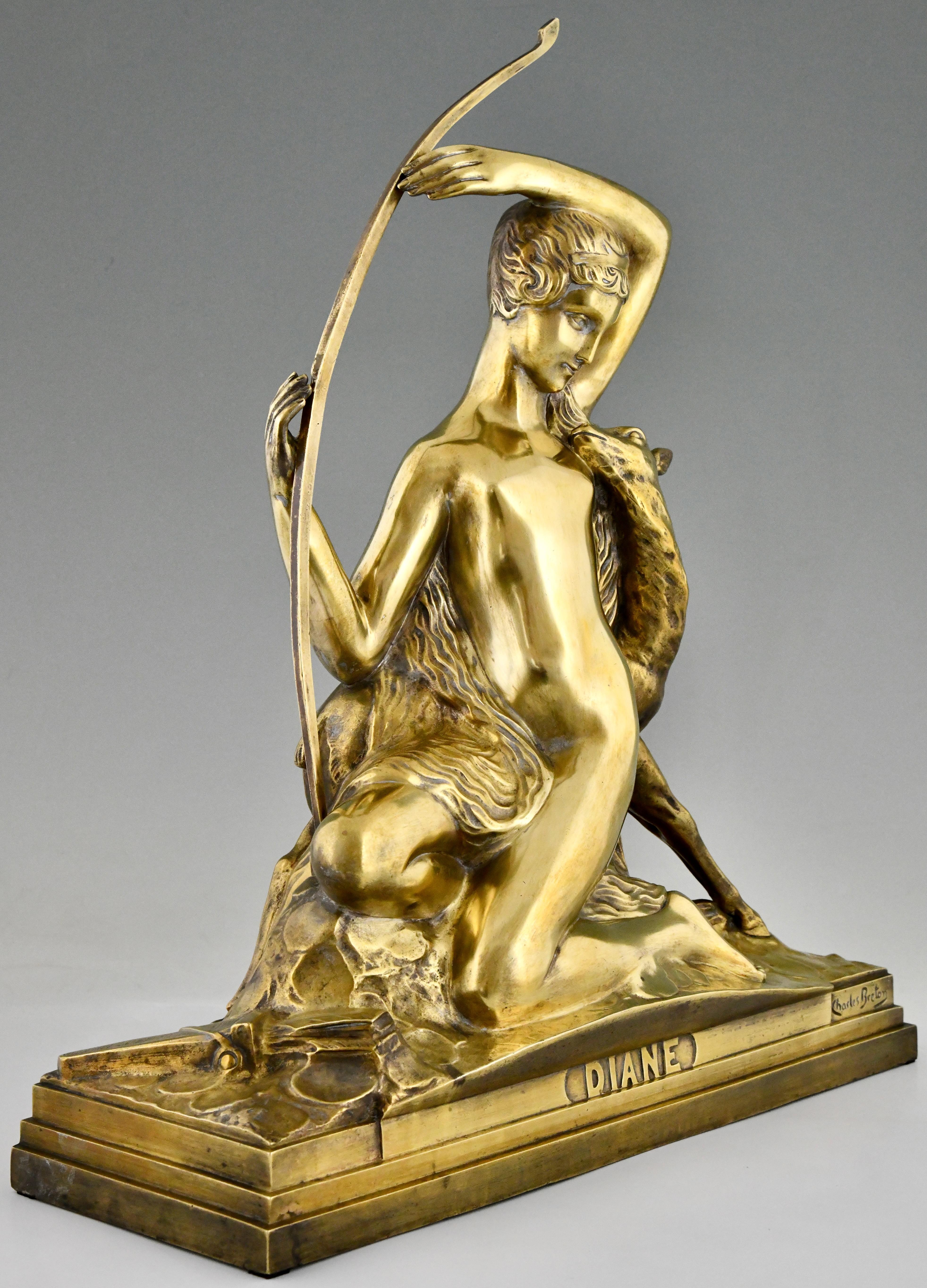 French Art Deco bronze sculpture Diana with bow and fawn By Charles Breton France 1930 For Sale