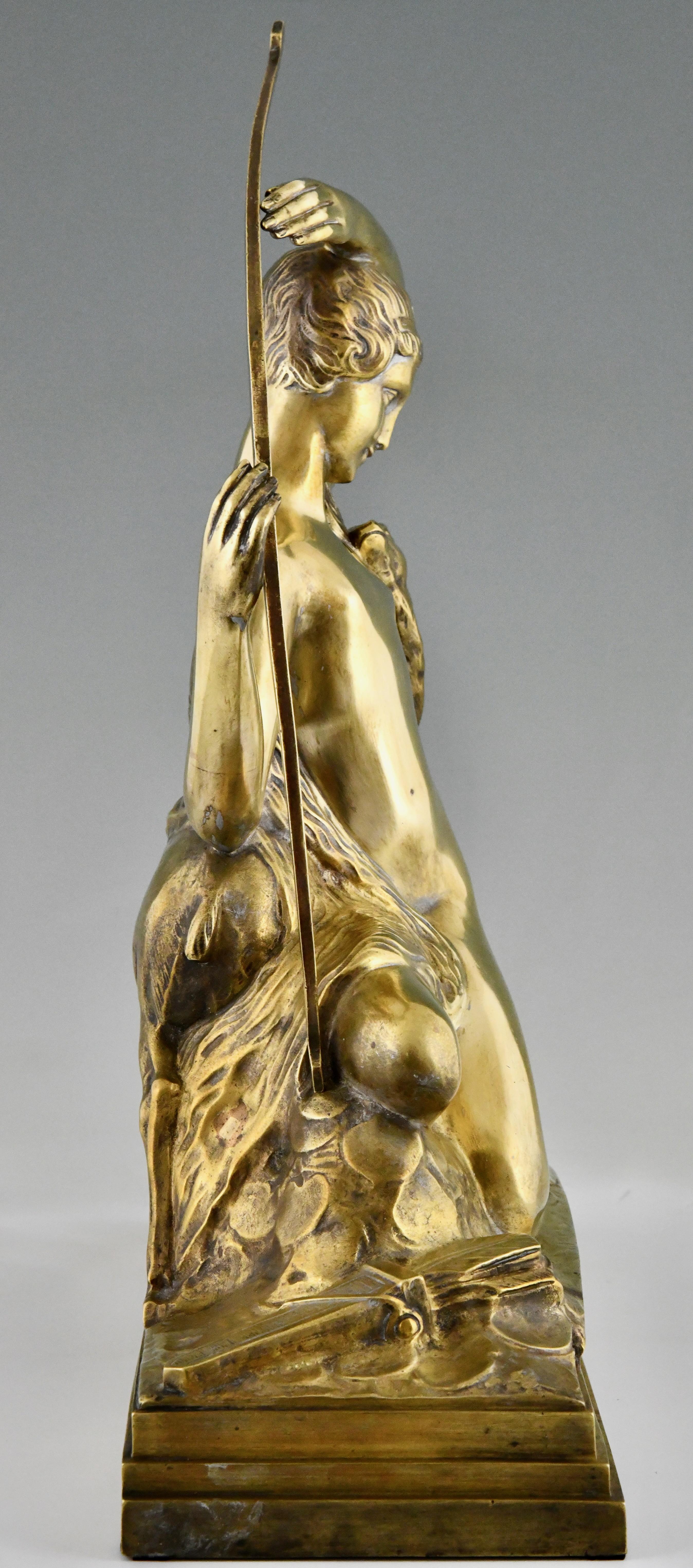 Art Deco bronze sculpture Diana with bow and fawn By Charles Breton France 1930 In Good Condition For Sale In Antwerp, BE