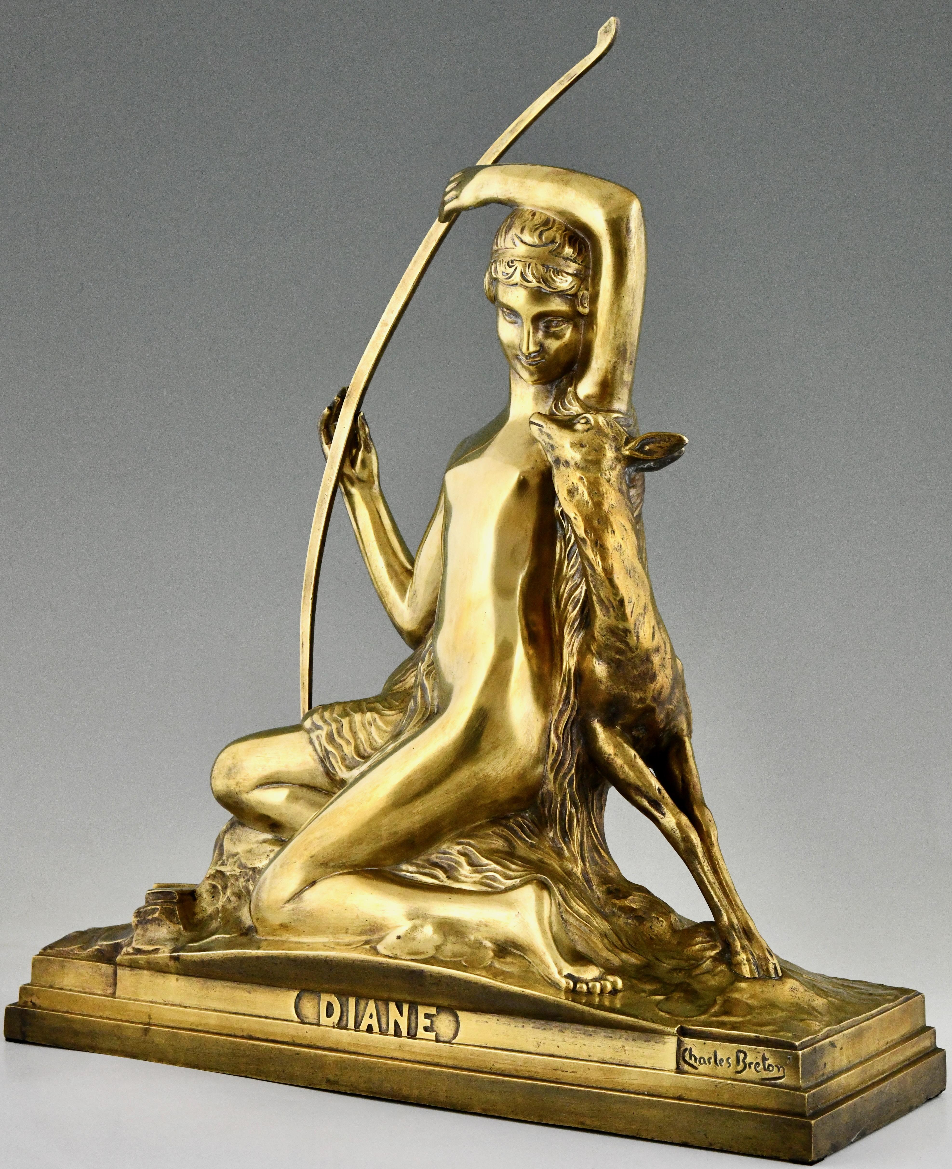 Art Deco bronze sculpture Diana with bow and fawn By Charles Breton France 1930 For Sale 1