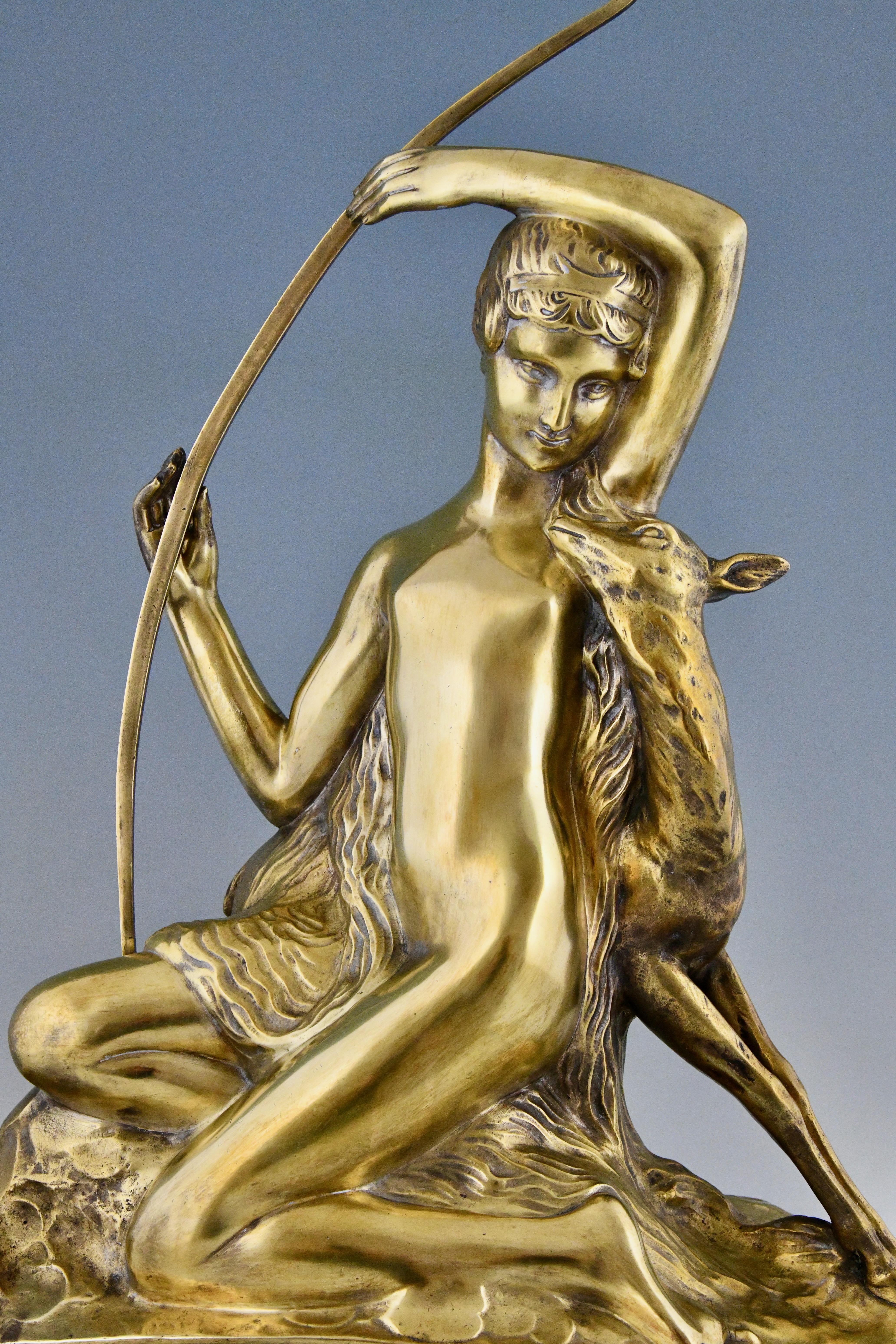 Art Deco bronze sculpture Diana with bow and fawn By Charles Breton France 1930 For Sale 2