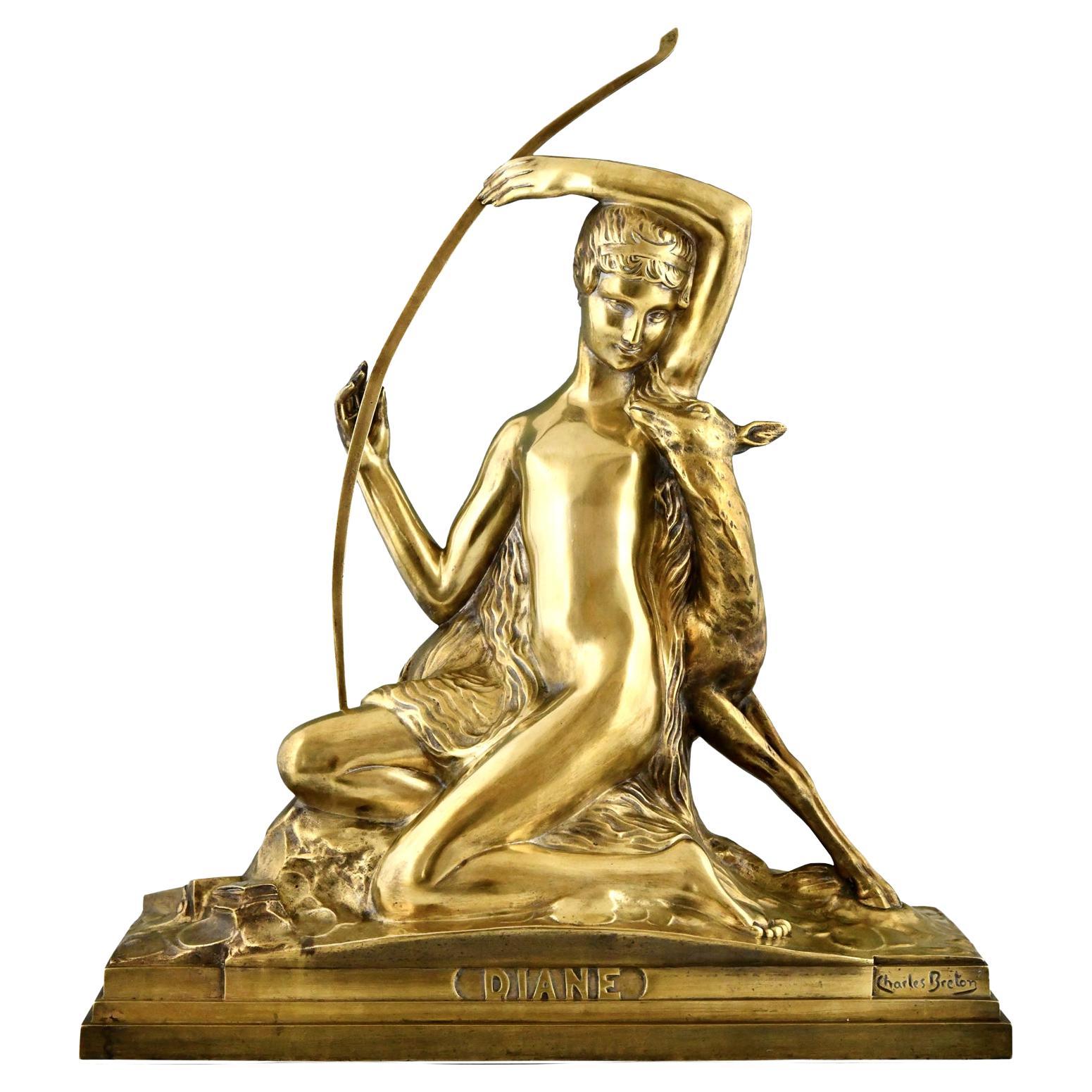 Sculpture en bronze Art Déco Diane avec nœud et fauve par Charles Breton France 1930