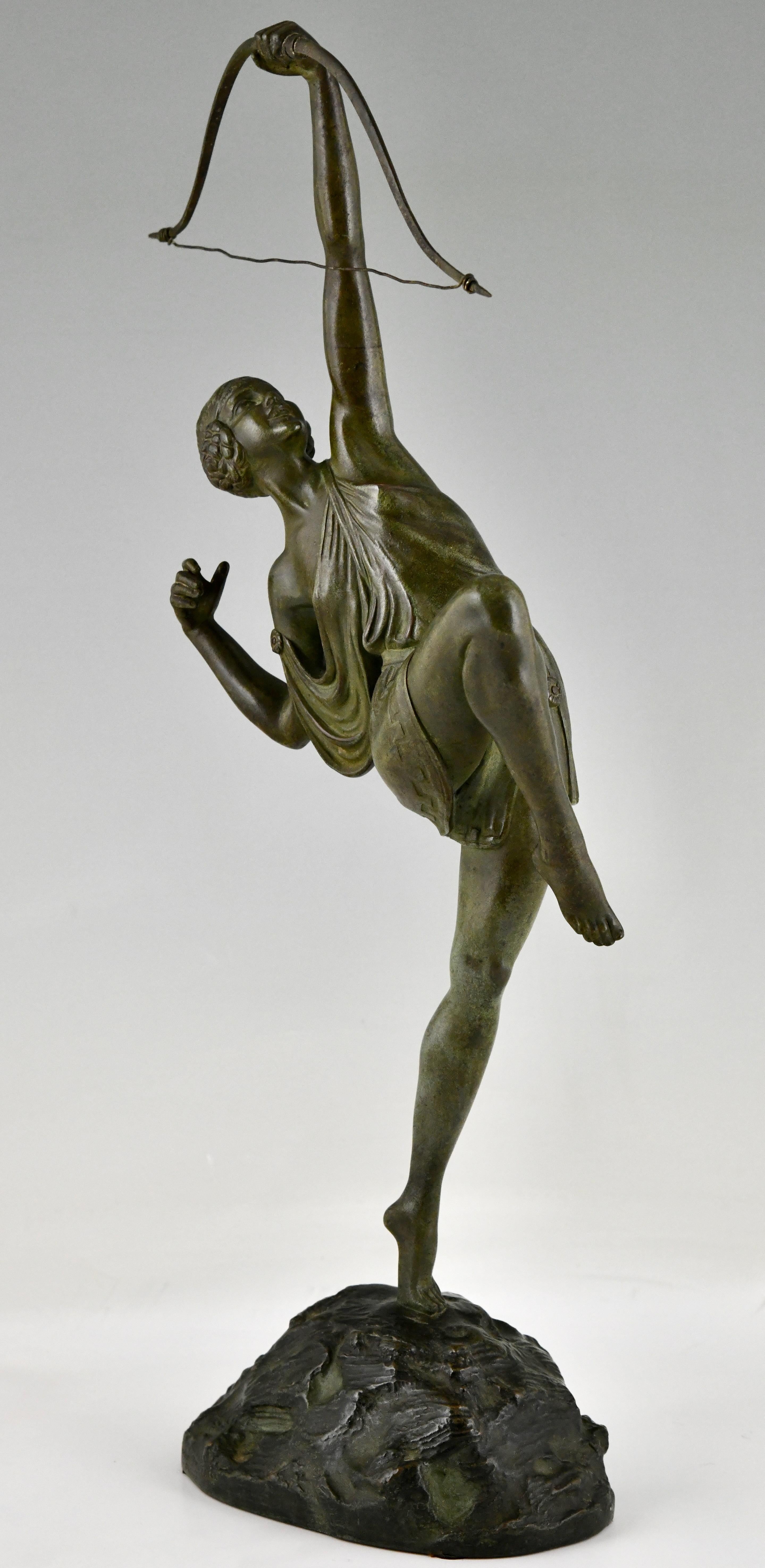 French Art Deco Bronze Sculpture Diana Woman with Bow by Pierre Le Faguays 1925