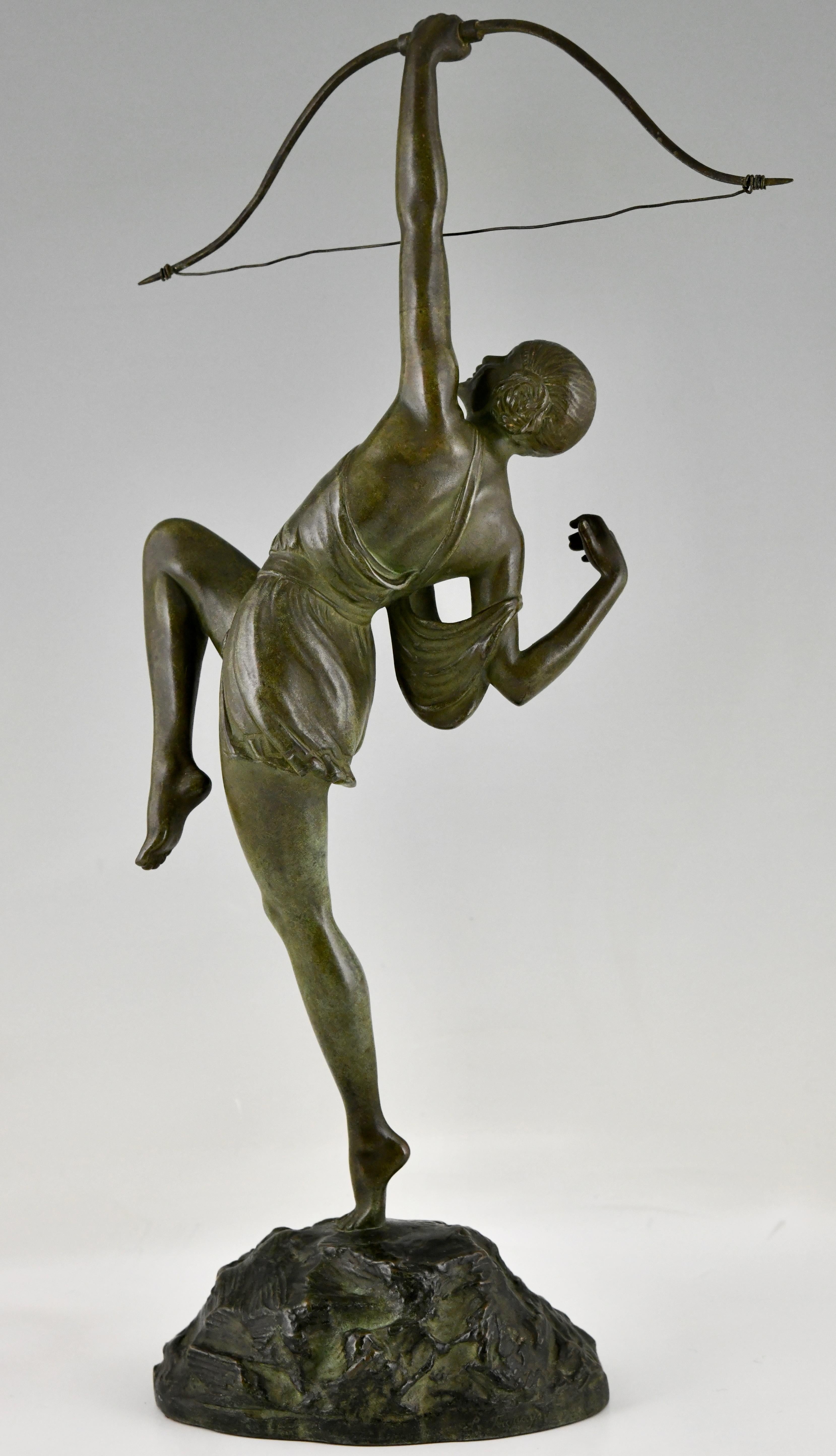 Mid-20th Century Art Deco Bronze Sculpture Diana Woman with Bow by Pierre Le Faguays 1925