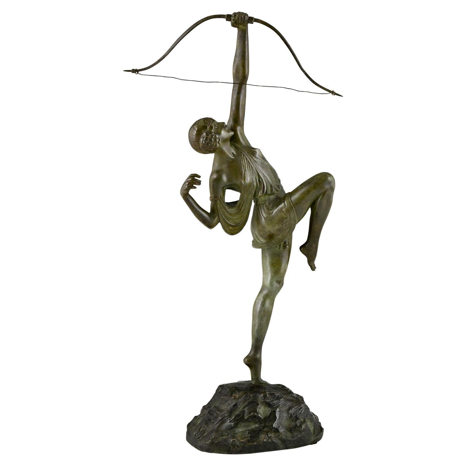 Art Deco Bronze Sculpture Diana Woman with Bow by Pierre Le Faguays 1925