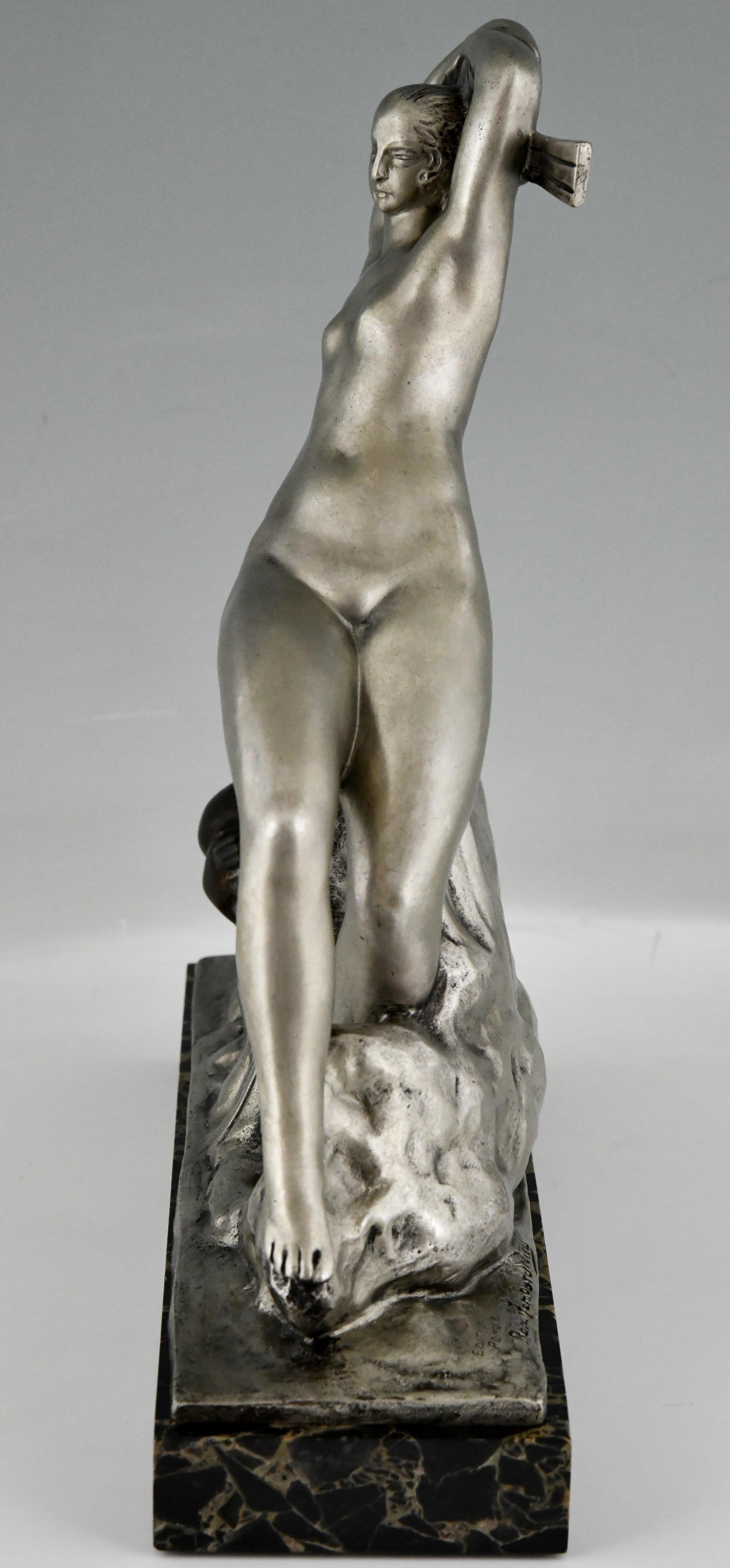 Art-Déco-Bronze-Skulptur „Nackter und knitternder Mann“ von Raoul Lamourdedieu, 1920 im Angebot 1