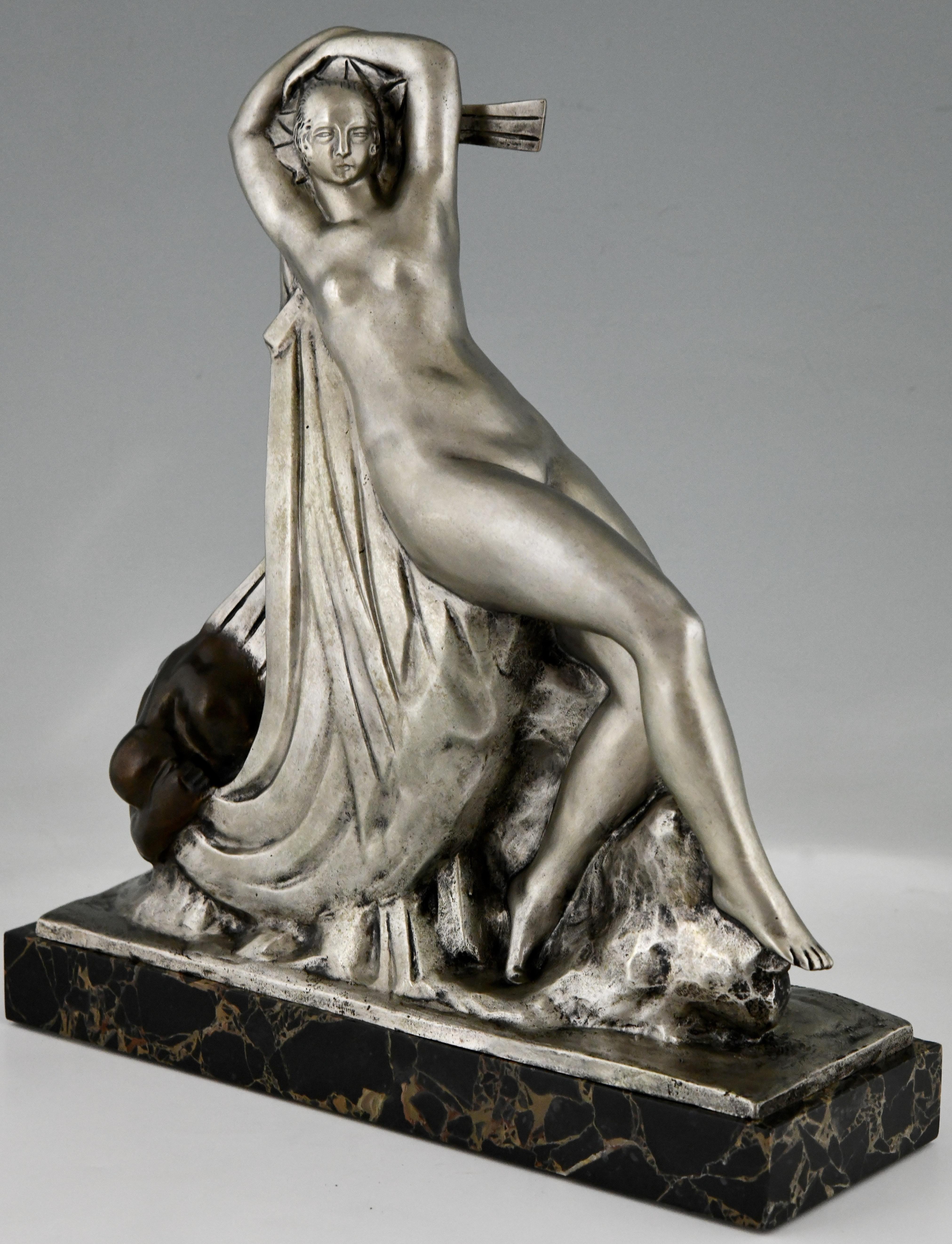 Art Deco Bronze Sculpture Draped Nude & Kneeling Man by Raoul Lamourdedieu, 1920 For Sale 3
