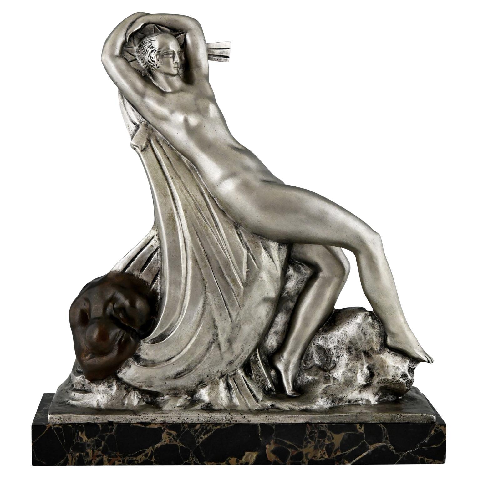 Art Deco Bronze Sculpture Draped Nude & Kneeling Man by Raoul Lamourdedieu, 1920 For Sale