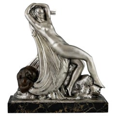 Art Deco Bronze Sculpture Draped Nude & Kneeling Man by Raoul Lamourdedieu, 1920